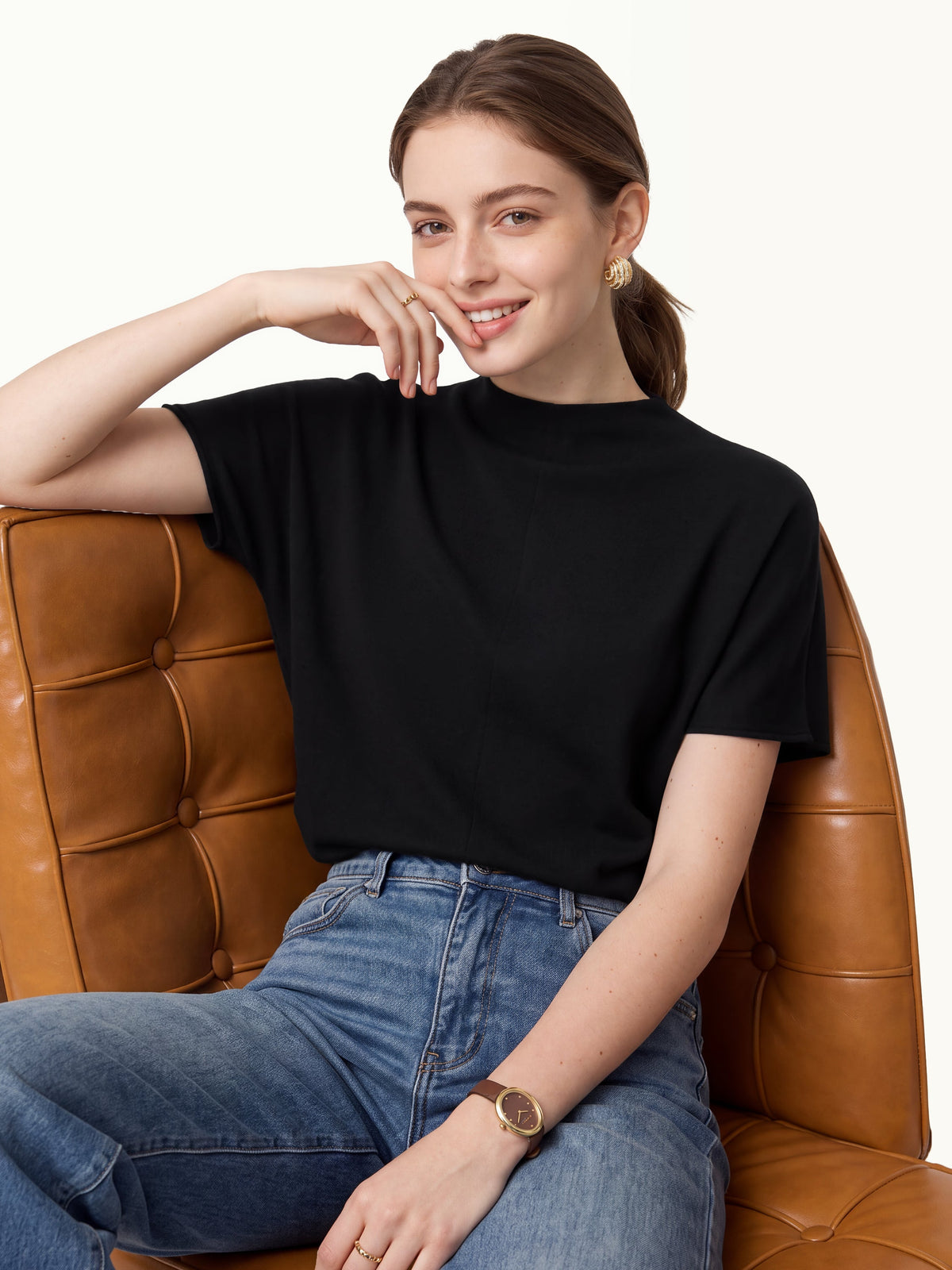 OGLmove Women's Mock Neck Cap Sleeve Seamed Top