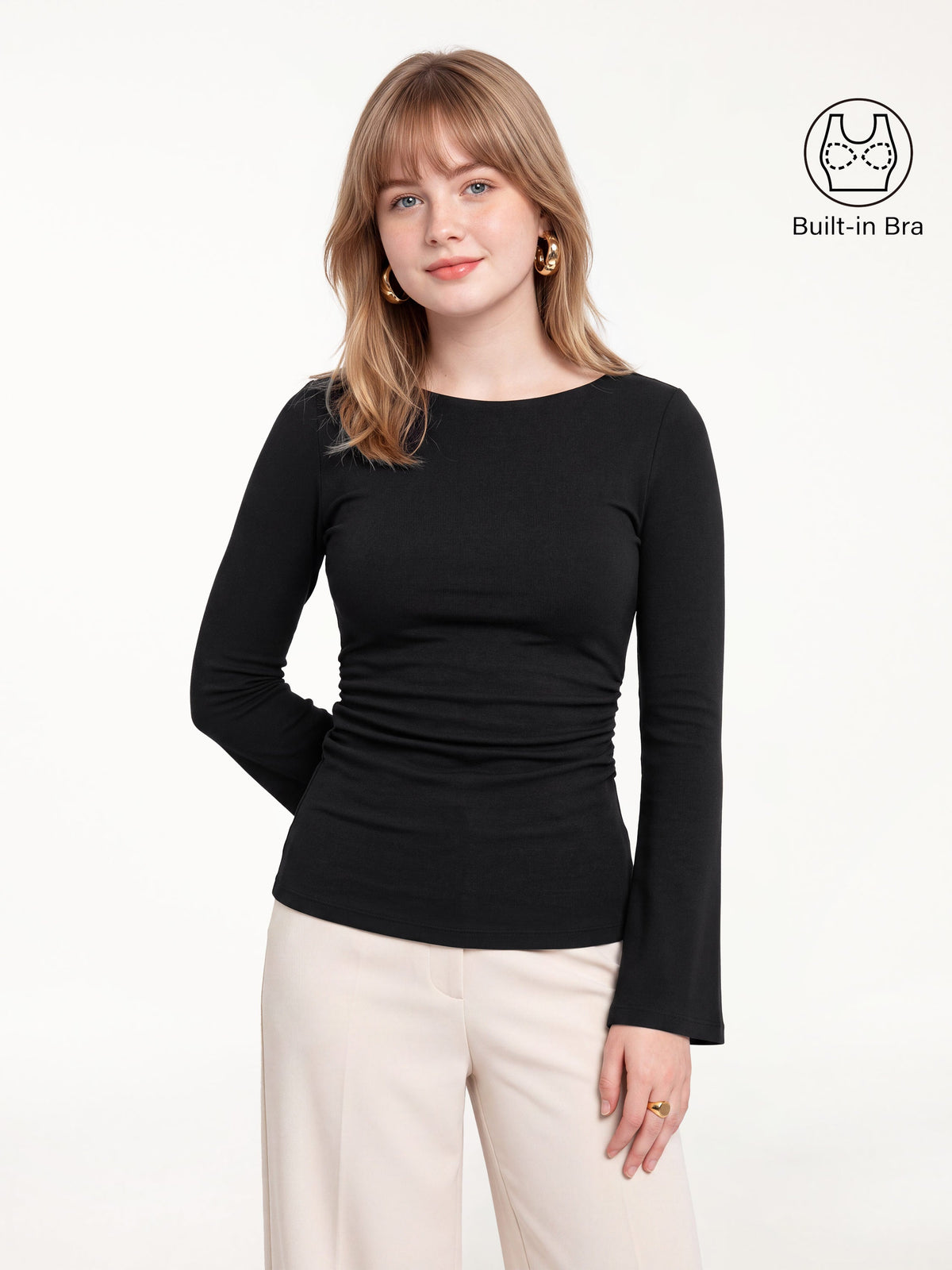 OGLmove Women's Eco-Mousse® Round Neck Bell Sleeve Ruched Bra Top
