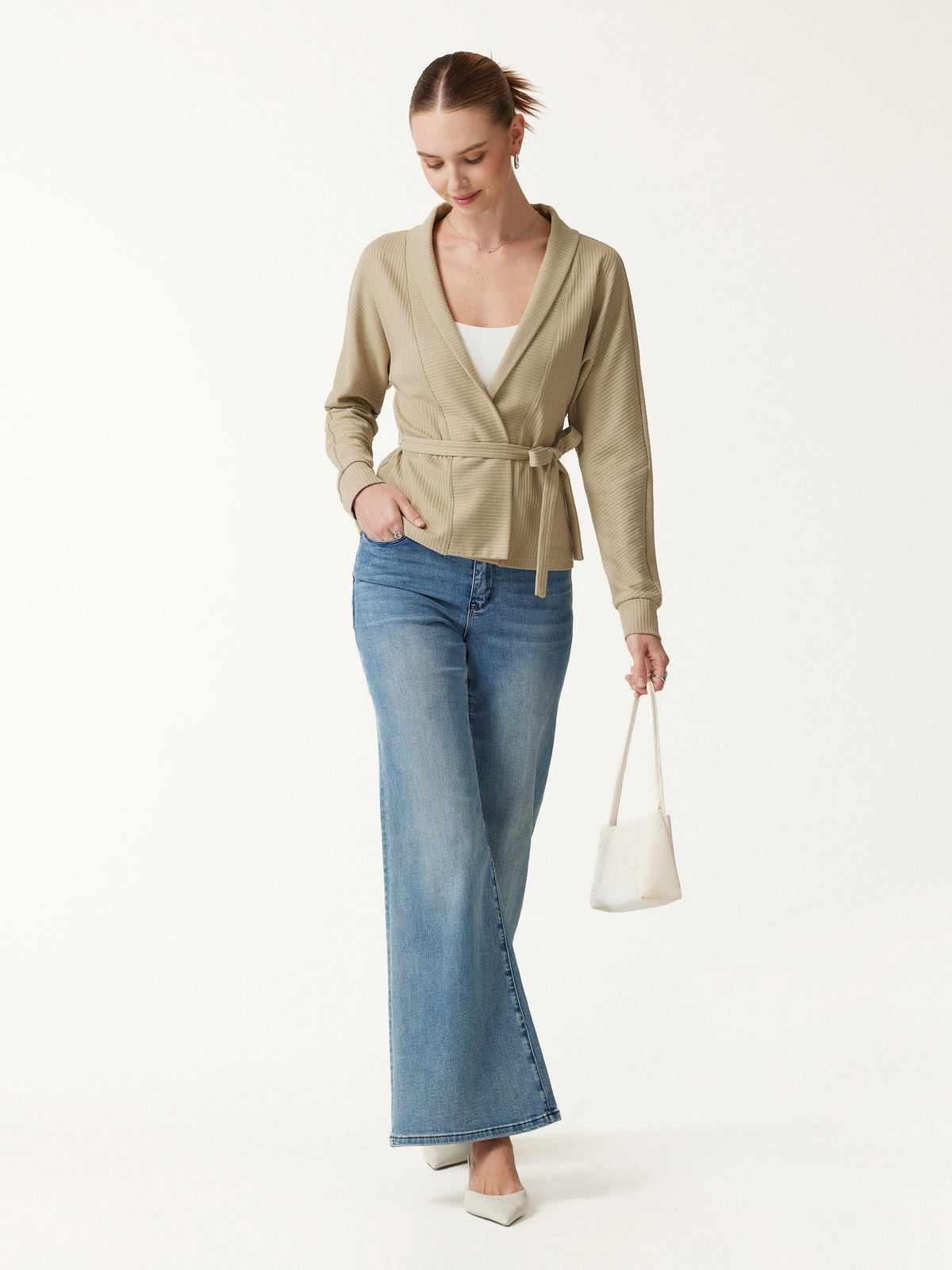 OGLmove Women's Textured Cotton Blend Lapel Belted Open-Front Jacket