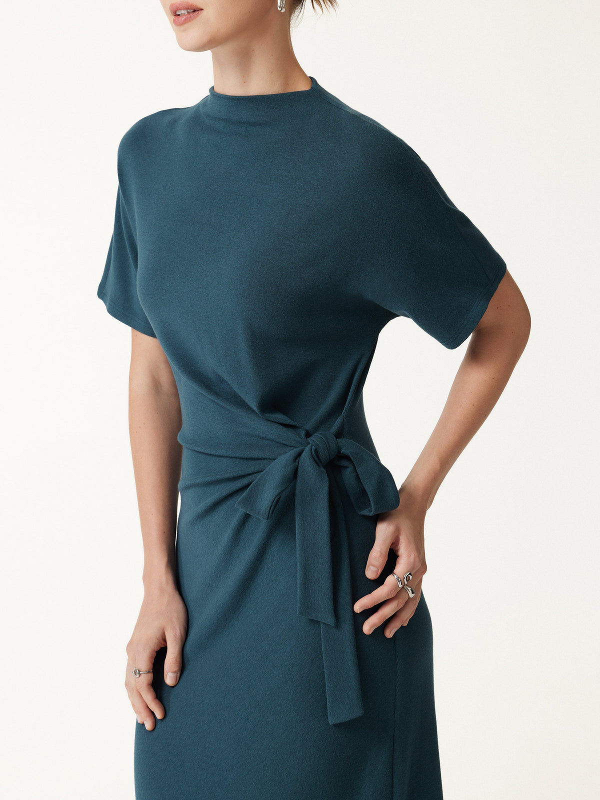 OGLmove Women's Eco-Mousse® Mock Neck Elbow Sleeve Tie-Waist Midi Dress