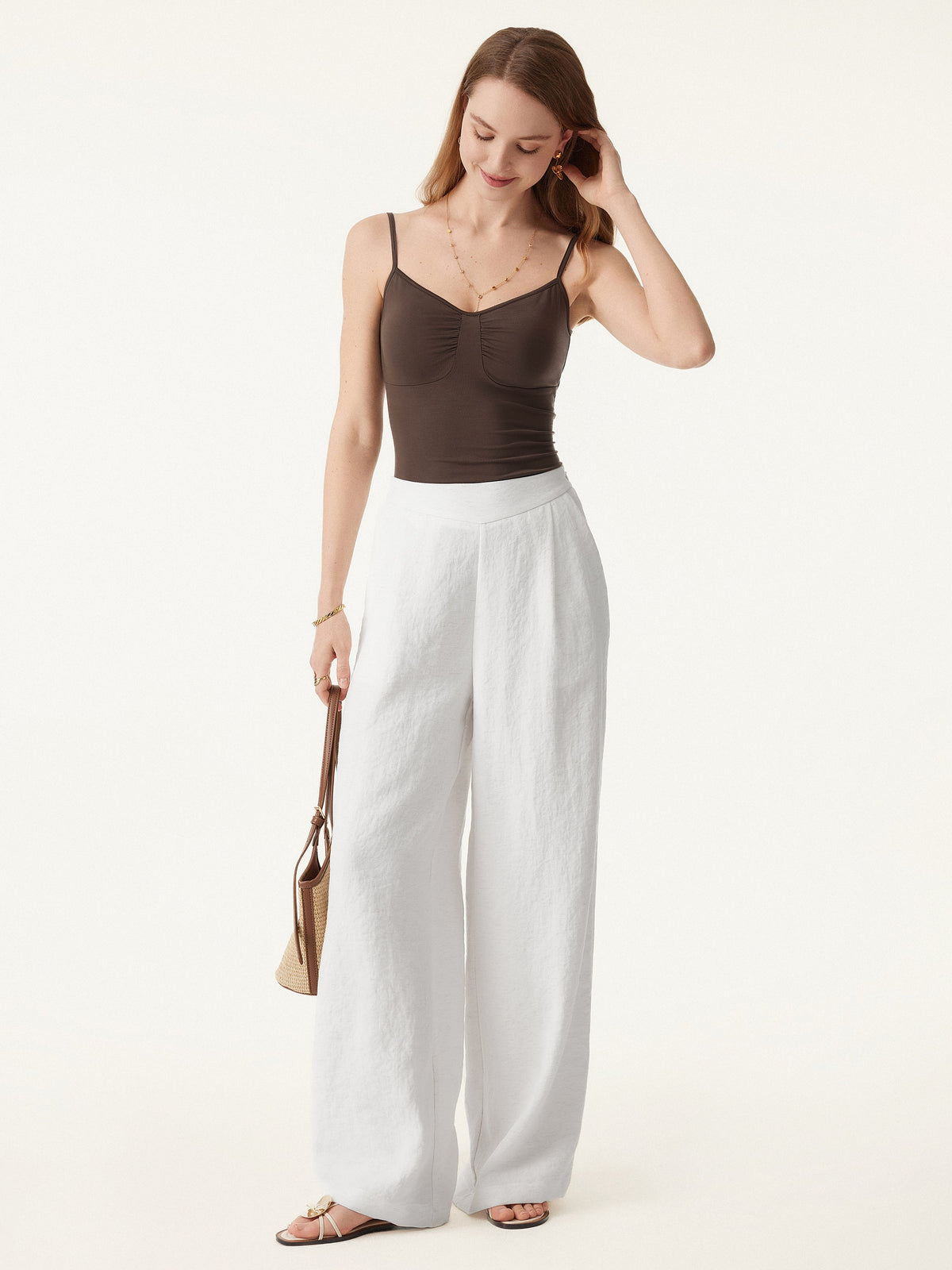 OGLmove Women's Breezy Linen-Like Mid Rise Wide Leg Pants