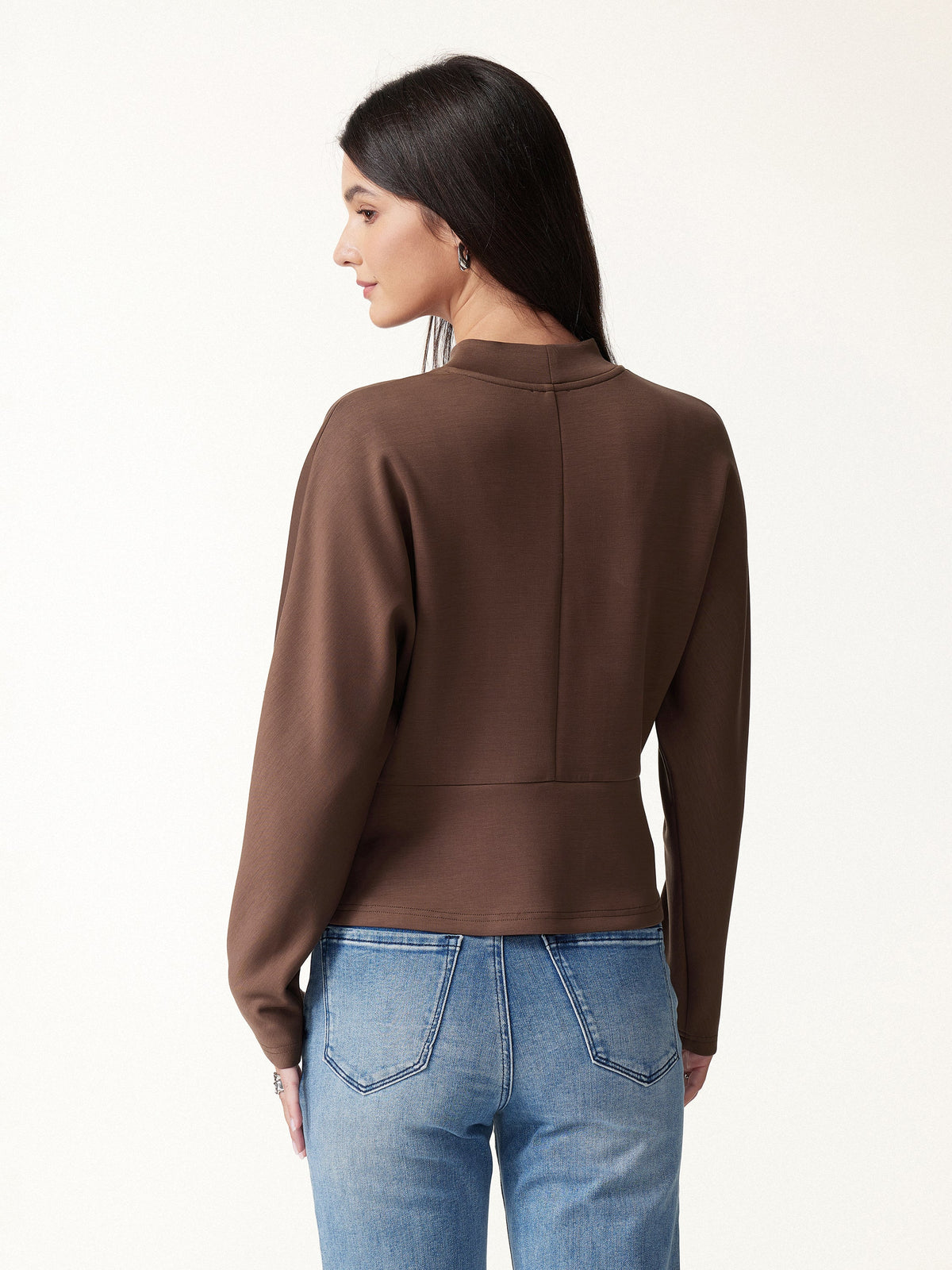 OGLmove Women's Modal Spacer Knit Mock Neck Batwing Sleeve Banded Hem Top
