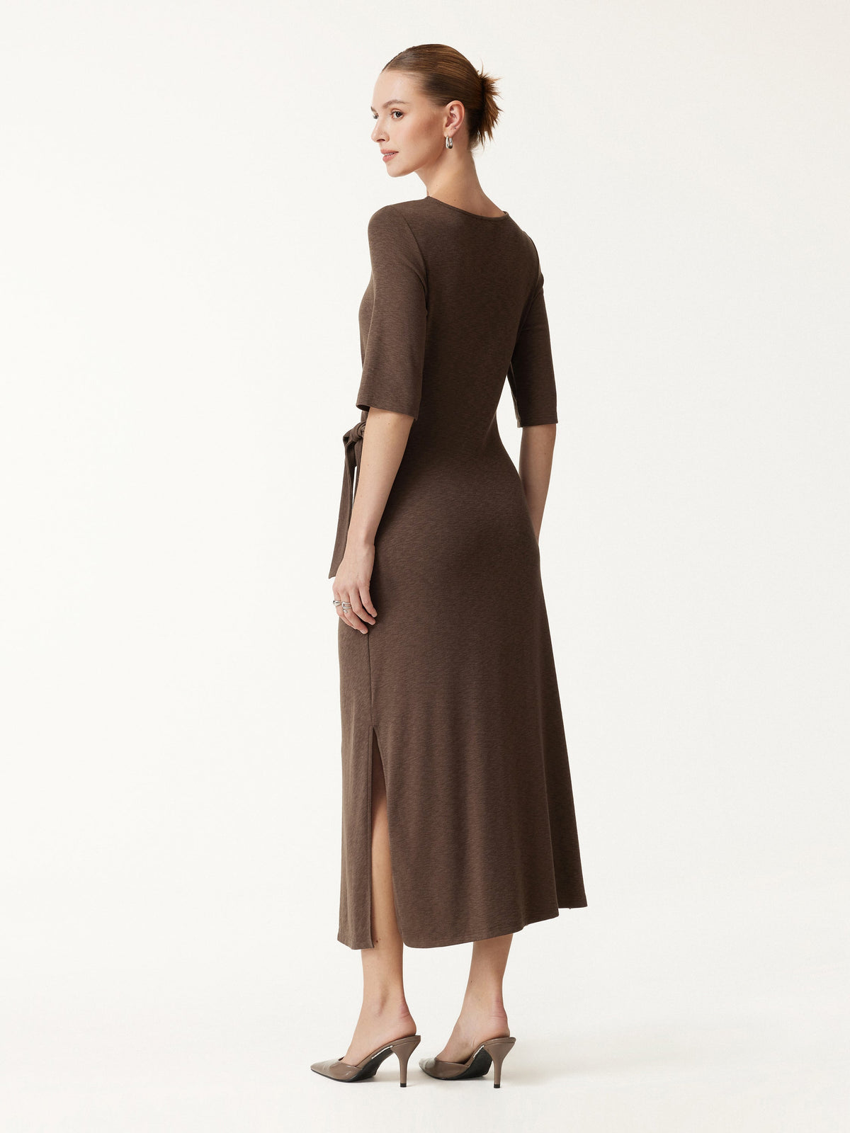 OGLmove Women's Slub Ribbed Round Neck Tie-Waist Midi Dress