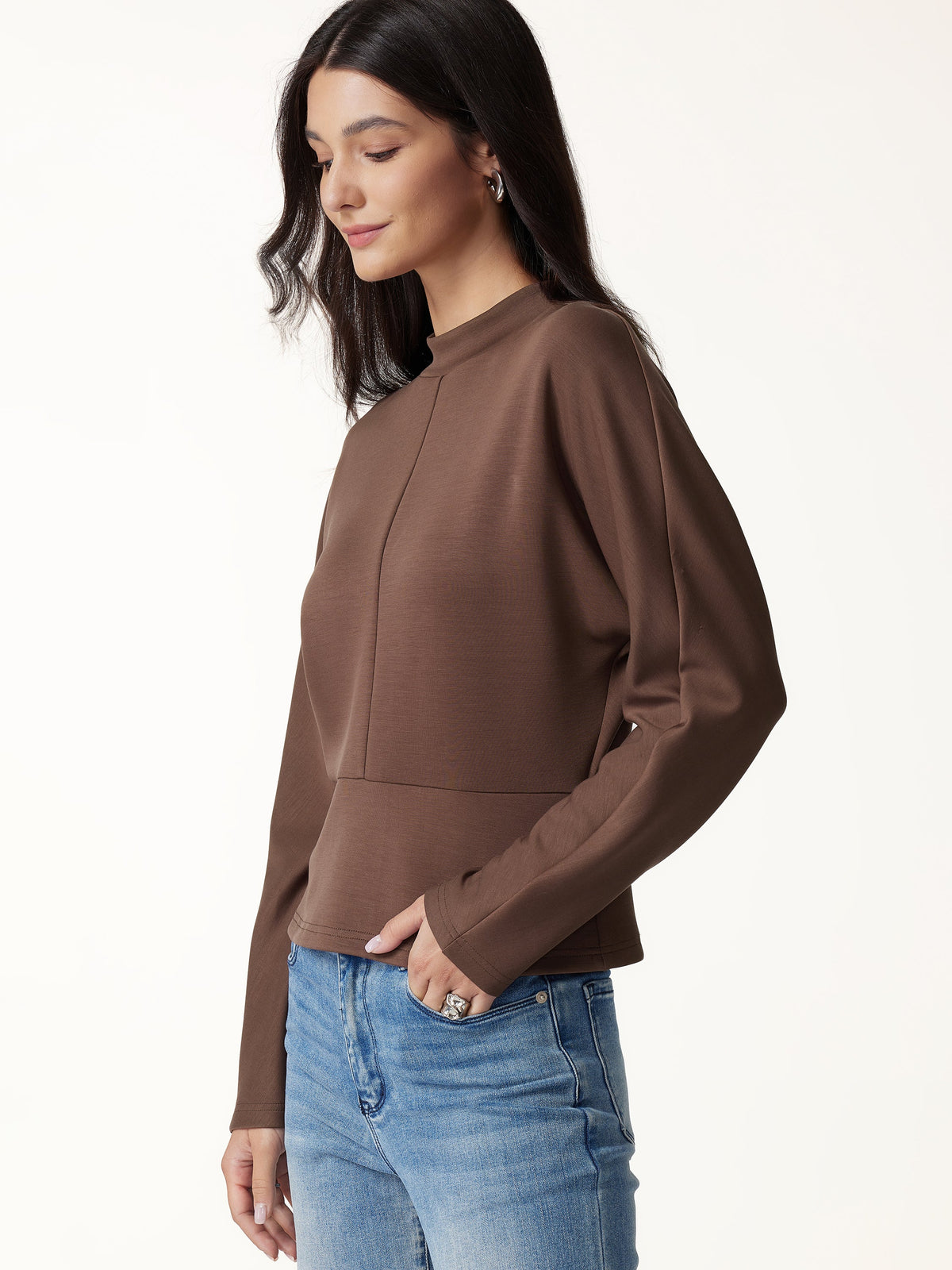 OGLmove Women's Modal Spacer Knit Mock Neck Batwing Sleeve Banded Hem Top
