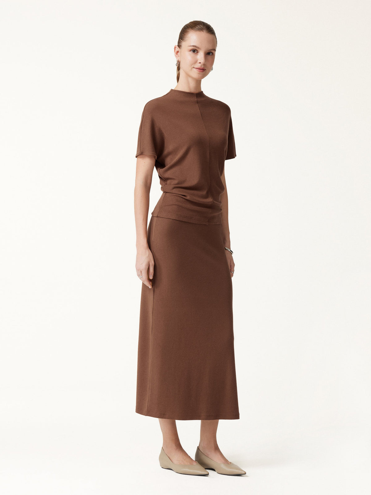 OGLmove Women's Mock Neck Cap Sleeve Seamed Top & Mid-Rise Column Midi Skirt Set