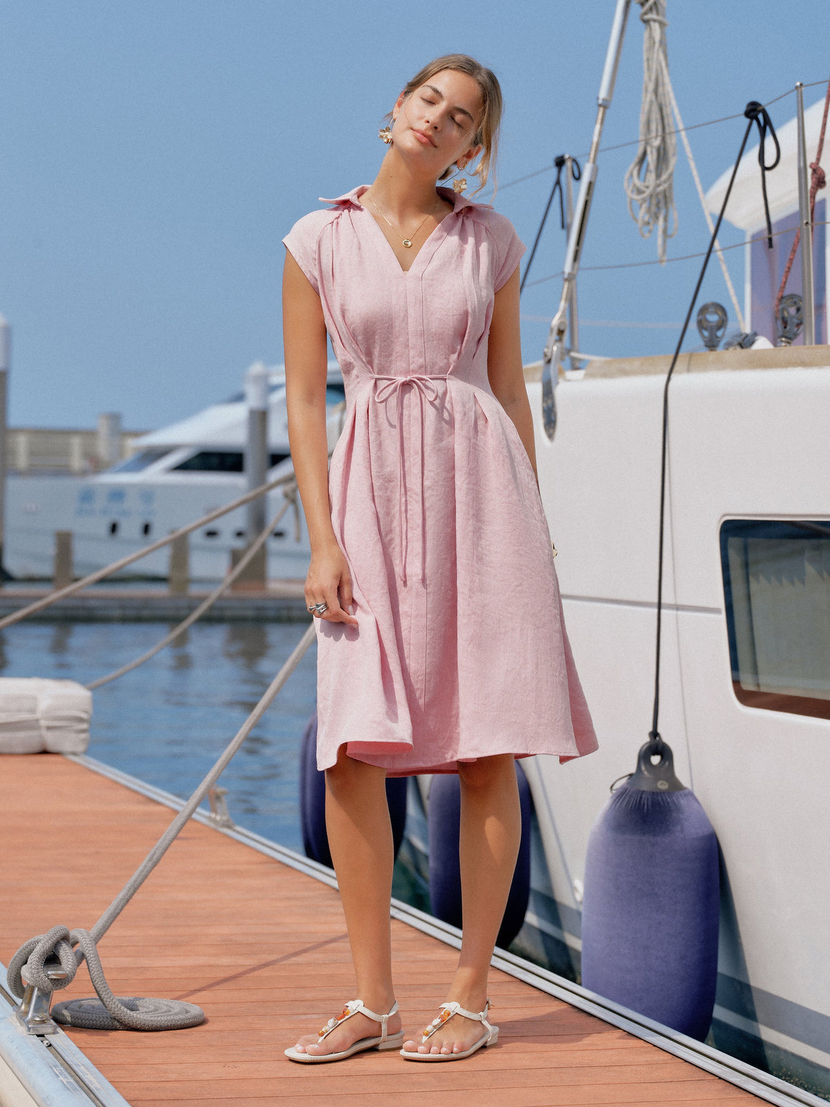 OGLmove Women's Viscose-Linen V-Neck Midi Dress with Drawstring