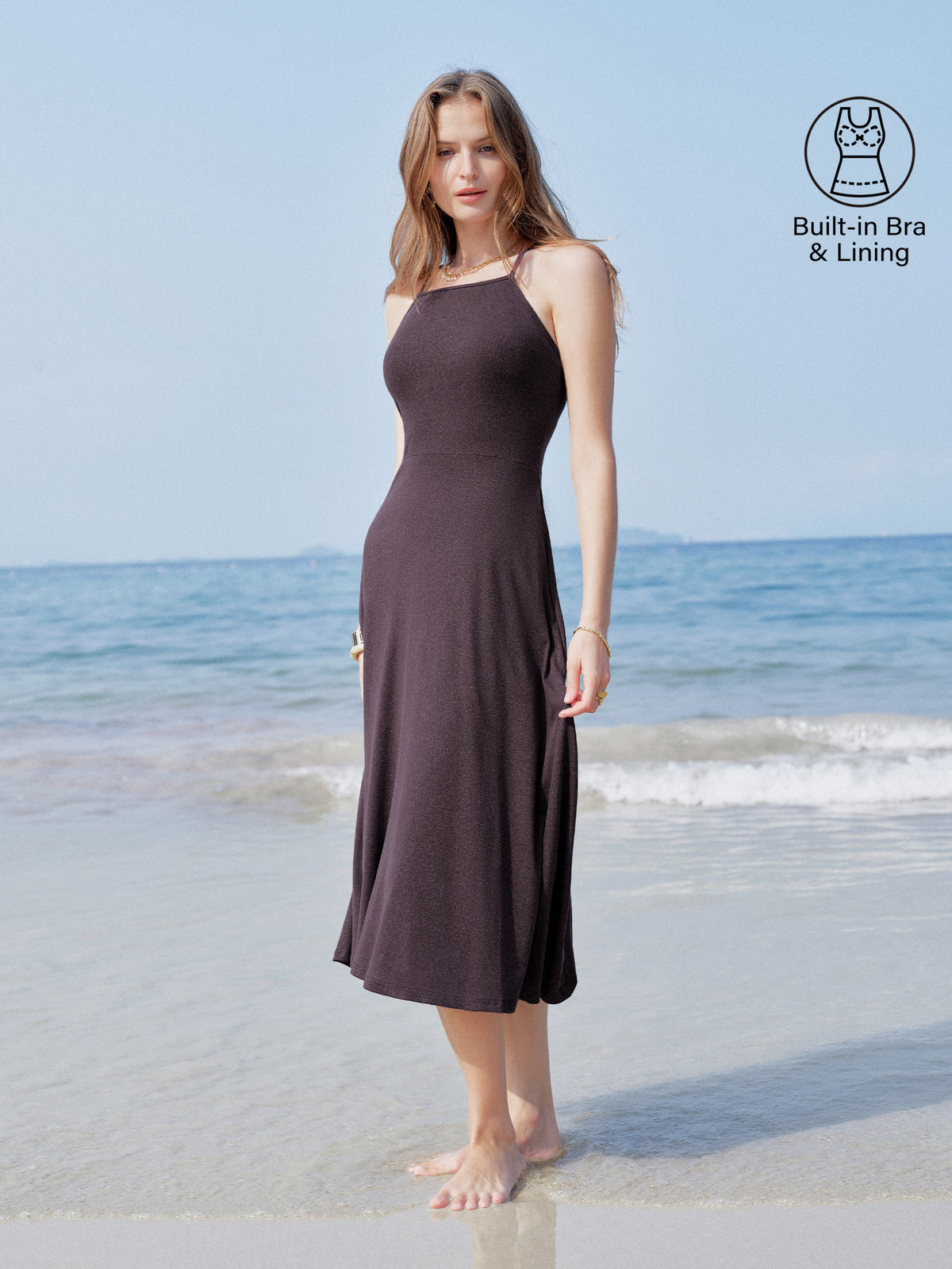 OGLmove Women's Soft Linen Knit Spaghetti Midi Bra Dress