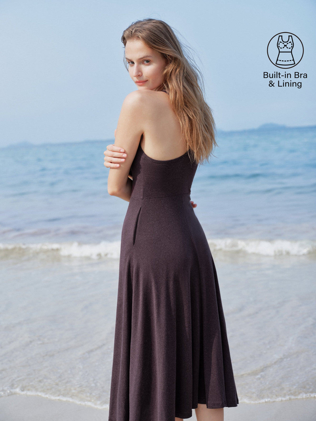 OGLmove Women's Soft Linen Knit Spaghetti Midi Bra Dress