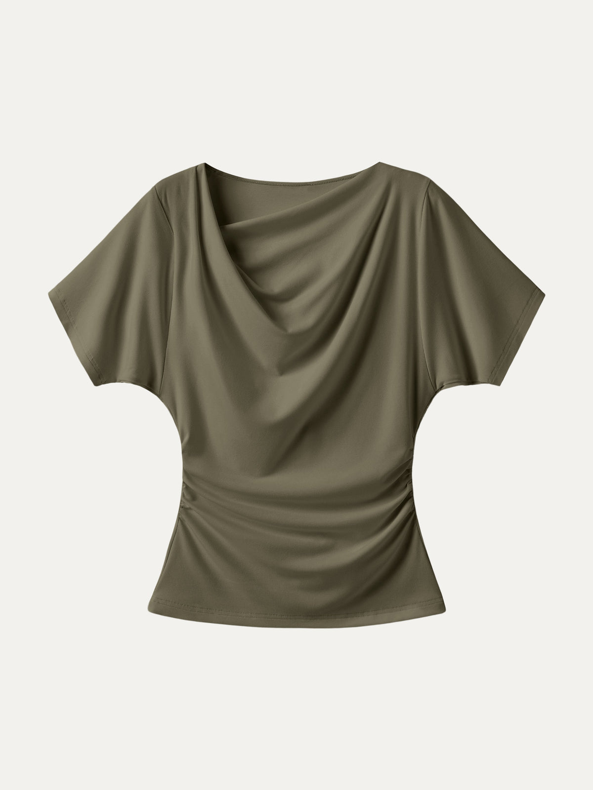 OGLmove Women's Light Cotton Rib Asymmetrical Cowl Neck Ruched Top