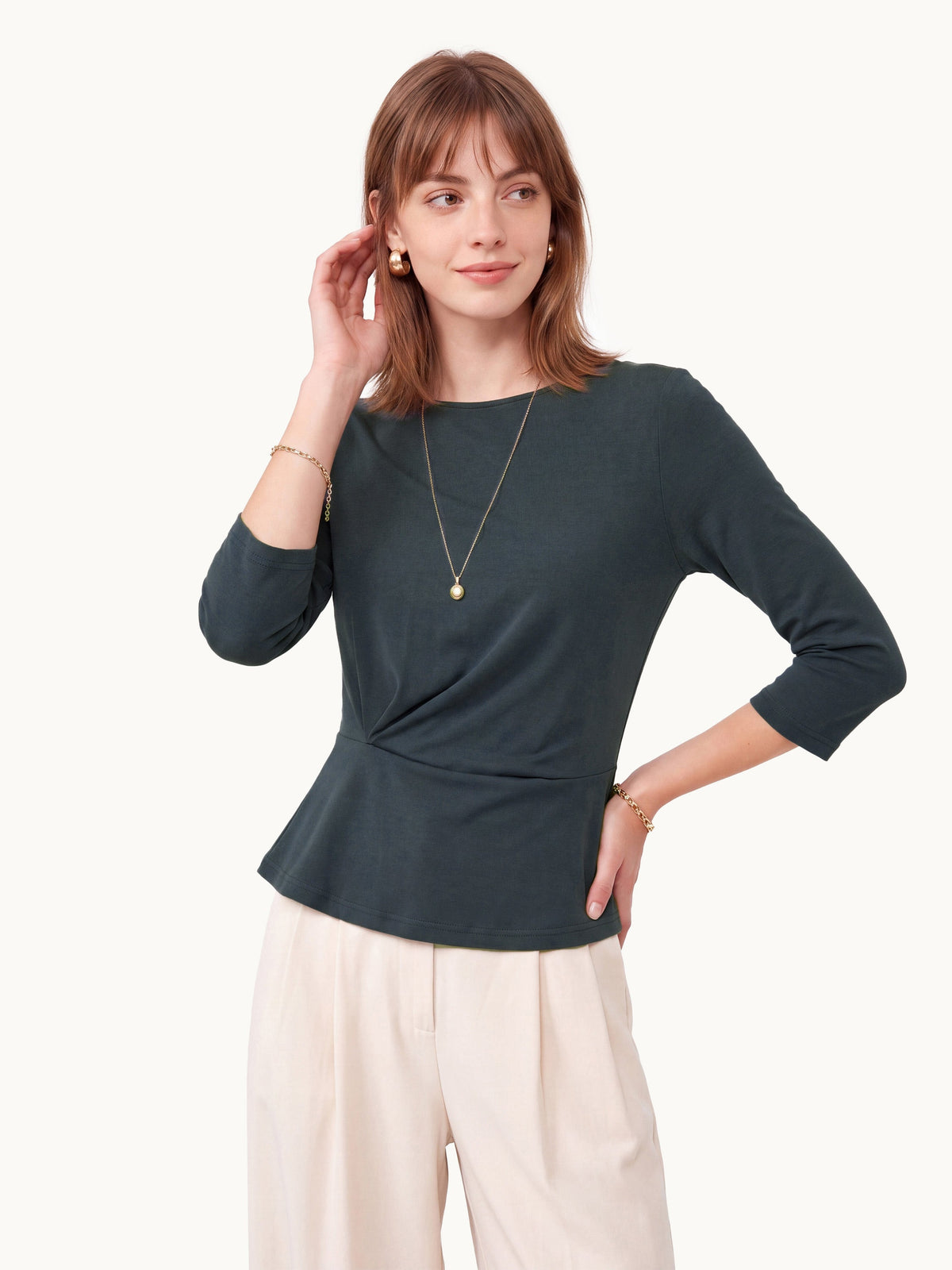 OGLmove Women's Cotton Lyocell Round Neck Tucked Top