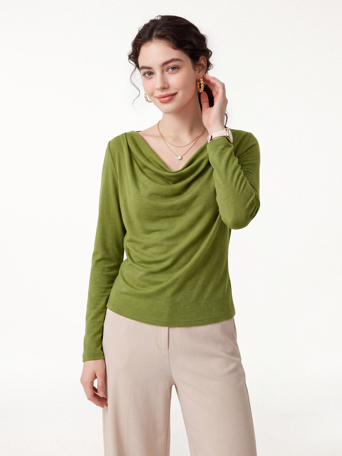 OGLmove Women's Cowl Neck Long Sleeve Draped Top