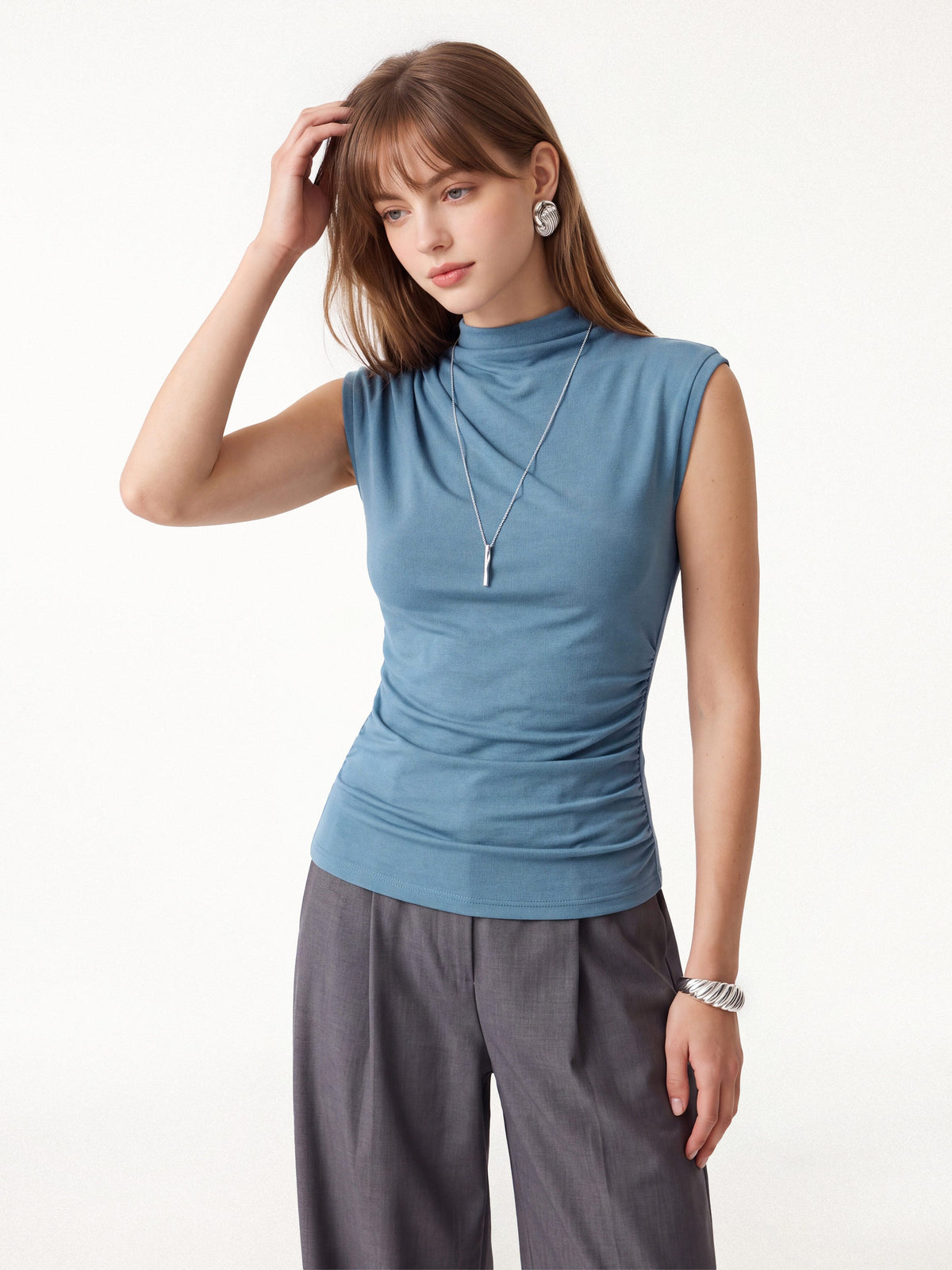 OGLmove Women's Eco-Mousse Mock Neck Sleeveless Ruched Top