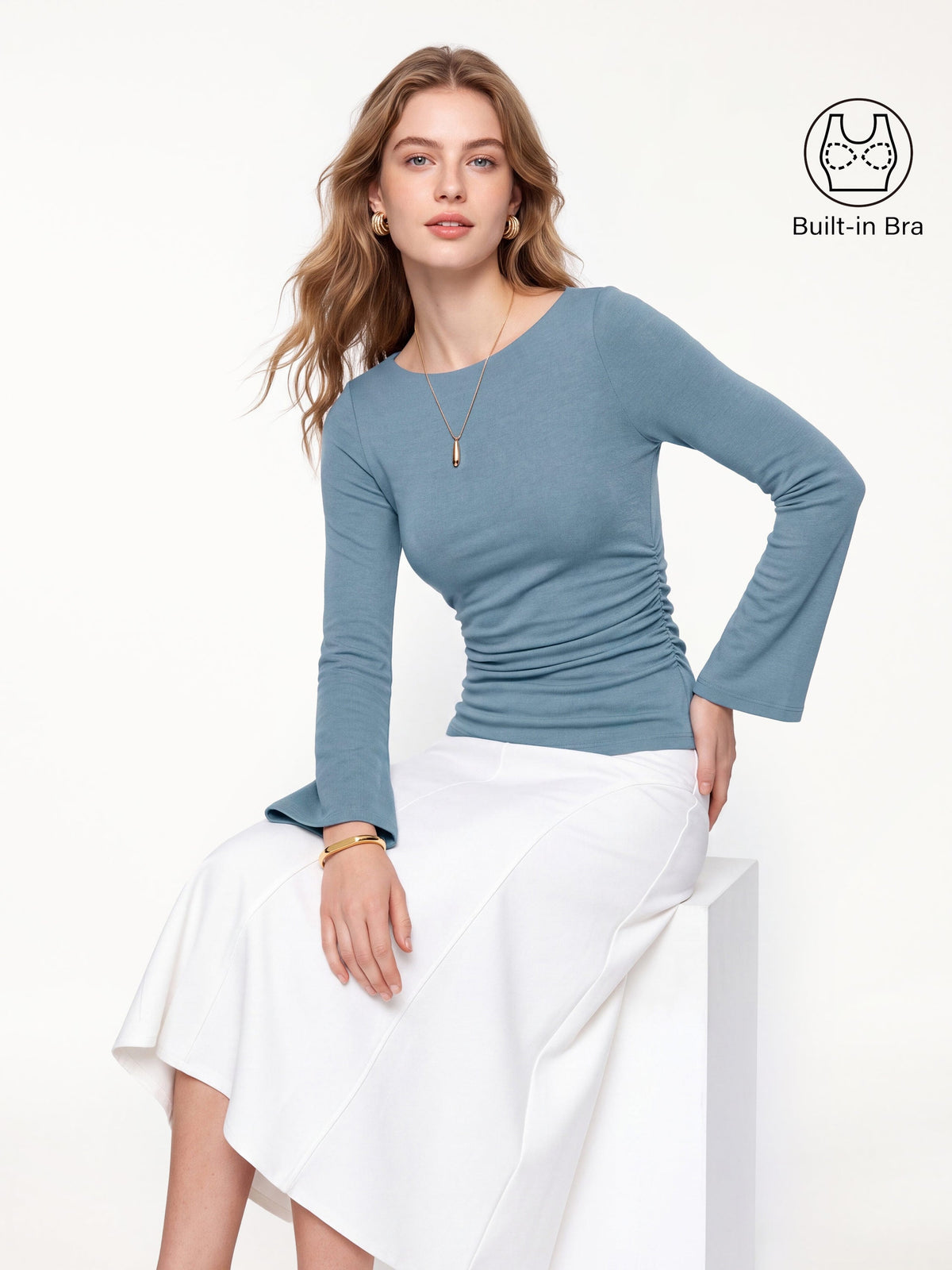 OGLmove Women's Eco-Mousse® Round Neck Bell Sleeve Ruched Bra Top
