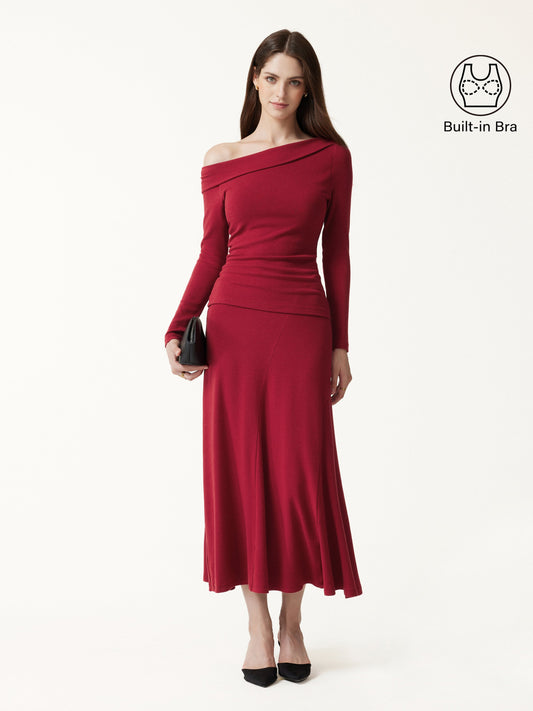OGLmove Women's Asymmetrical Long Sleeve Bra Top and Midi Skirt Set