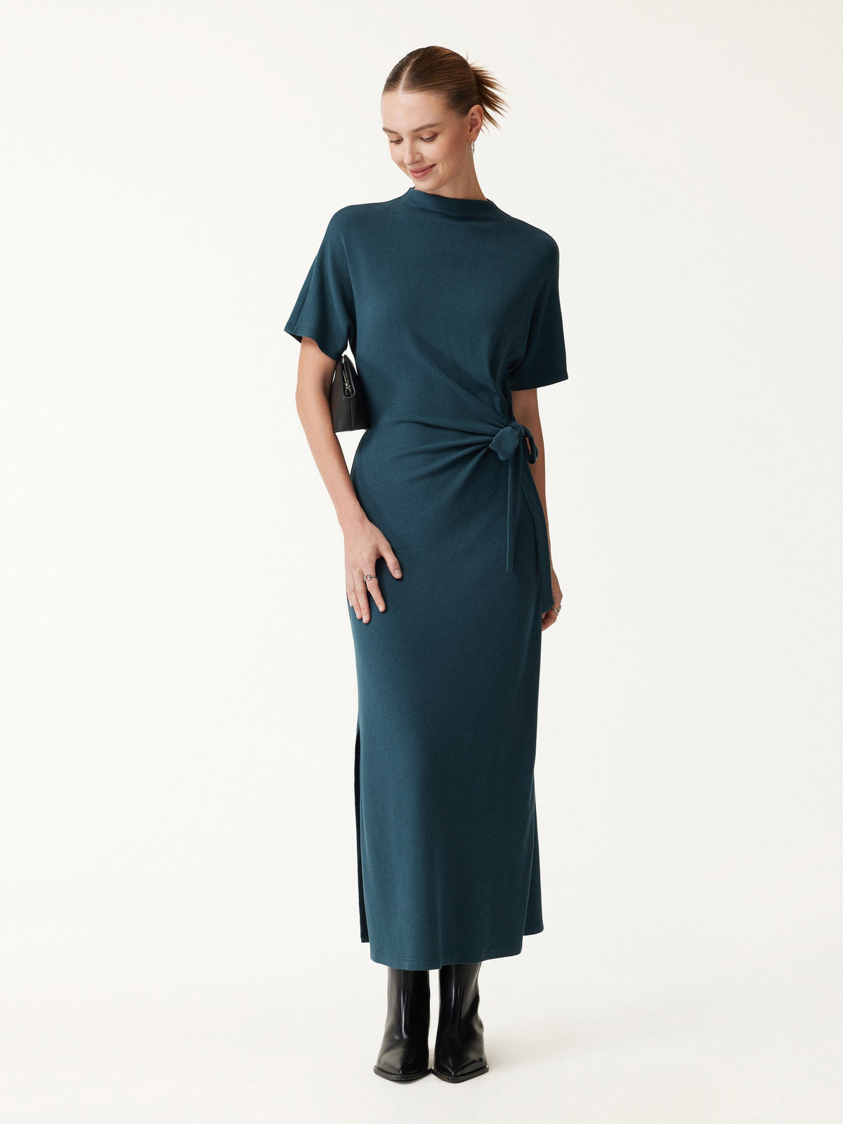 OGLmove Women's Eco-Mousse® Mock Neck Elbow Sleeve Tie-Waist Midi Dress