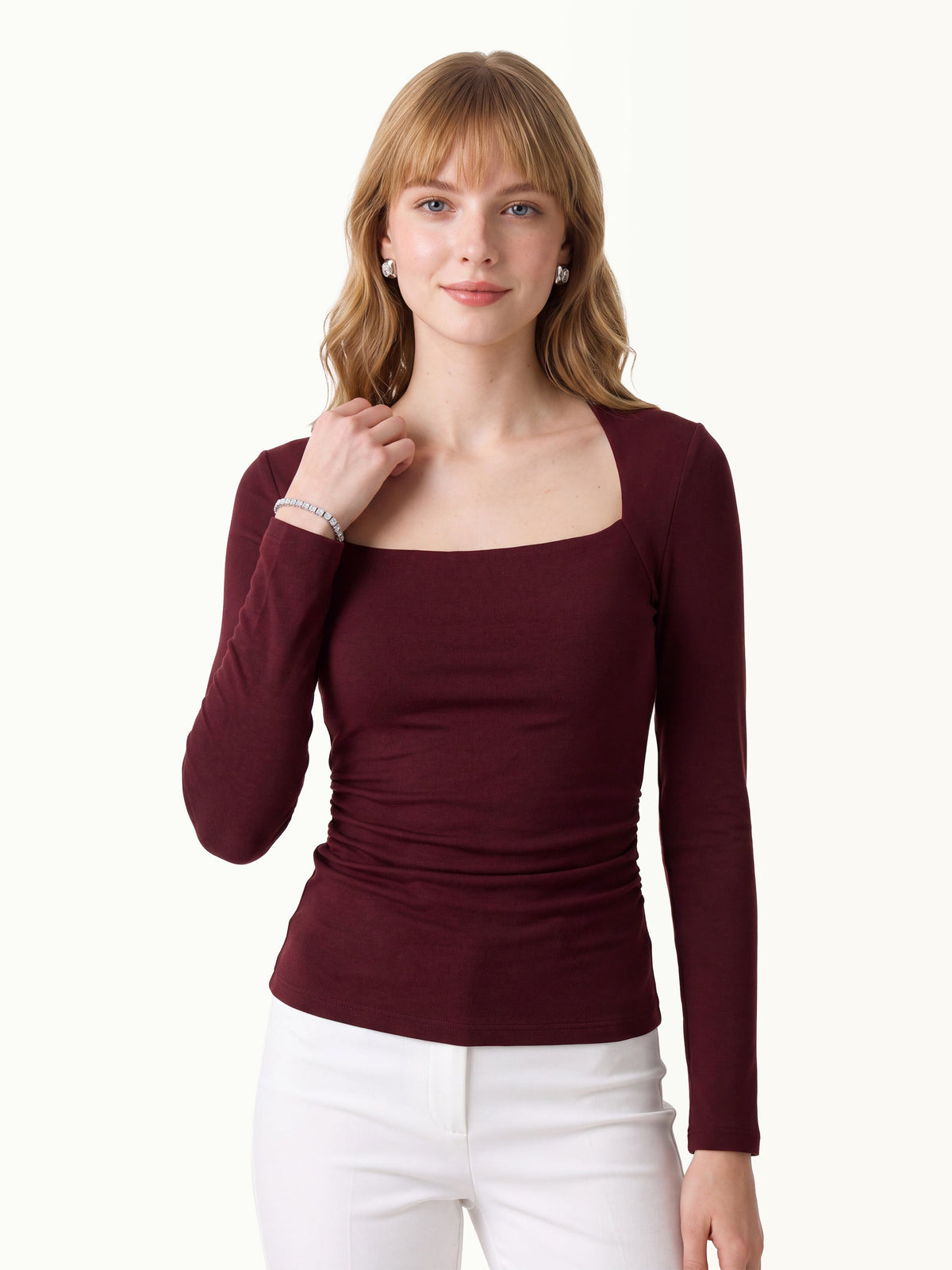OGLmove Women's Eco-Mousse® Trapeze Neck Long Sleeve Ruched Bra Top