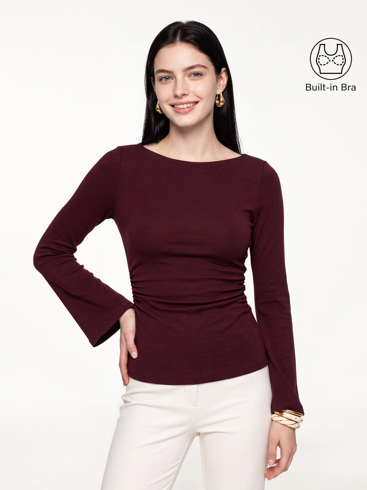 OGLmove Women's Eco-Mousse® Round Neck Bell Sleeve Ruched Bra Top