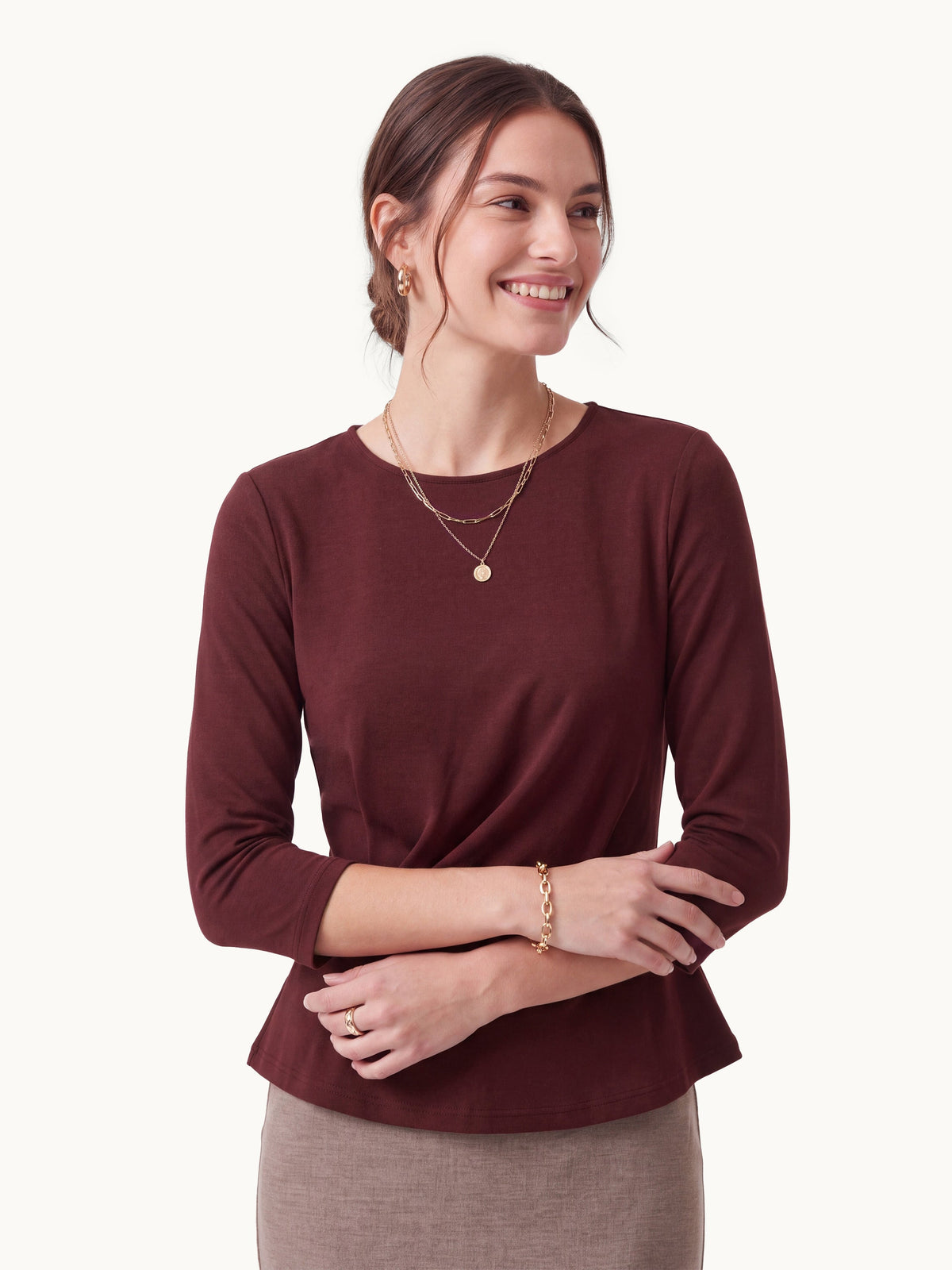 OGLmove Women's Cotton Lyocell Round Neck Tucked Top