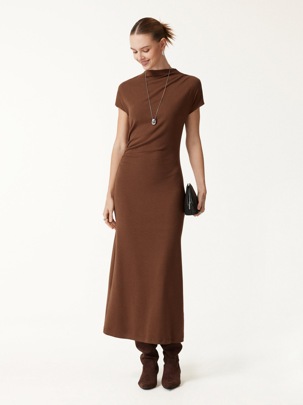 OGLmove Women's Eco-Mousse® Mock Neck Cap Sleeve Ruched Midi Dress