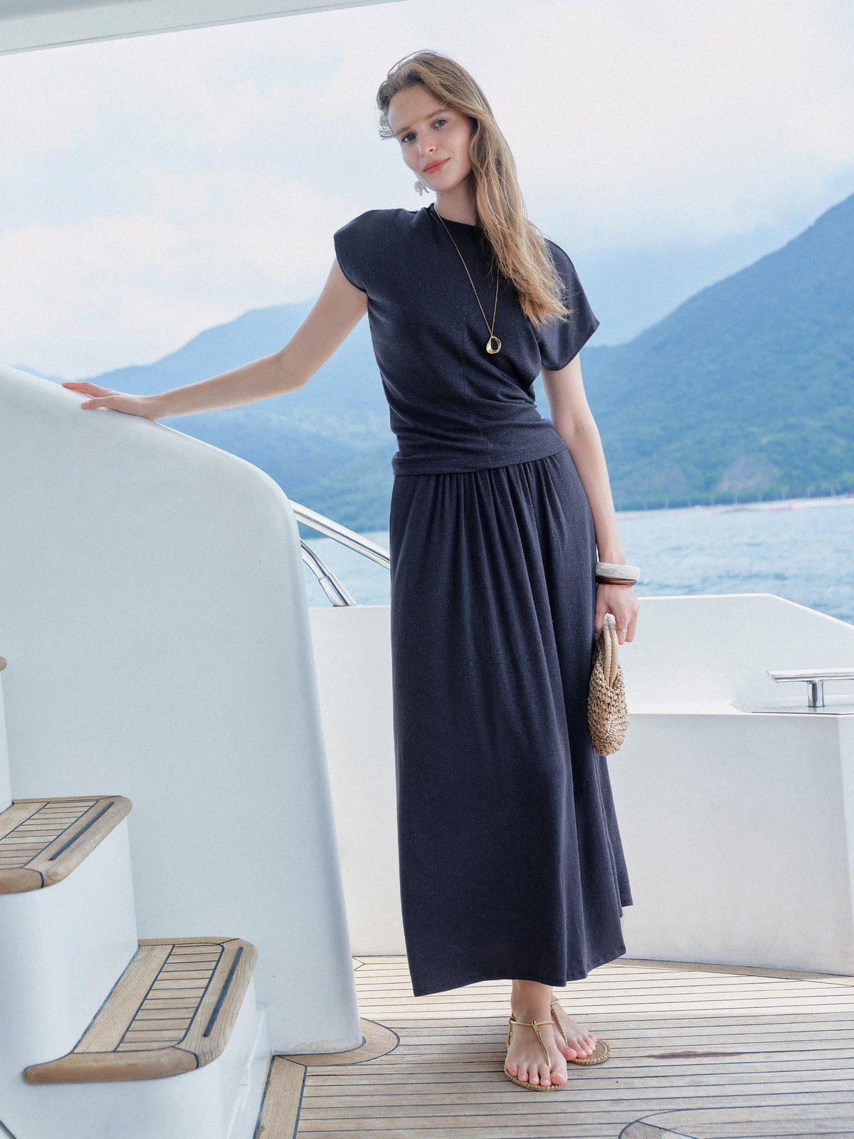 OGLmove Women's Round Neck Top and A-Line Maxi Skirt Set