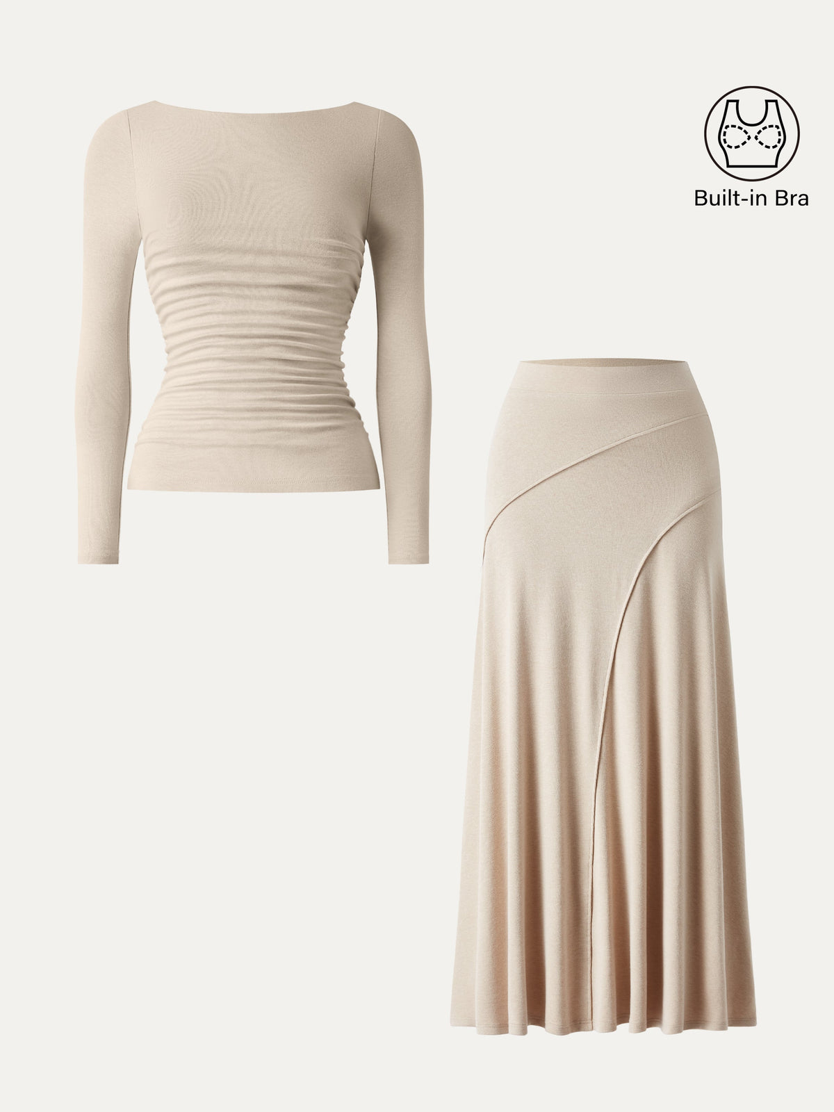 OGLmove Women's Boatneck Ruched Bra Top & Drapey A-Line Maxi Skirt Set