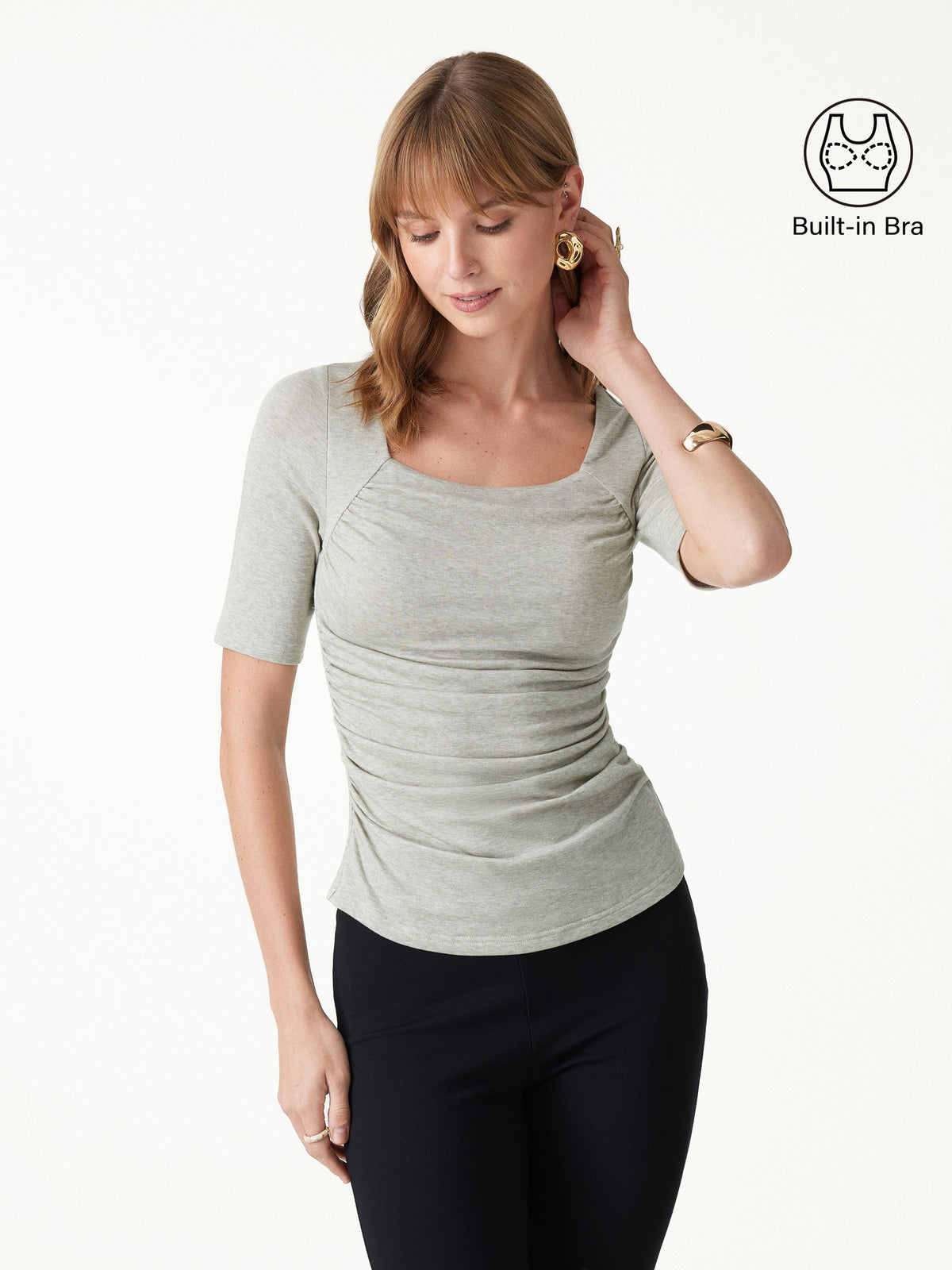 OGLmove Women's Lyocell-Wool Square Neck Elbow Sleeve Ruched Bra Top