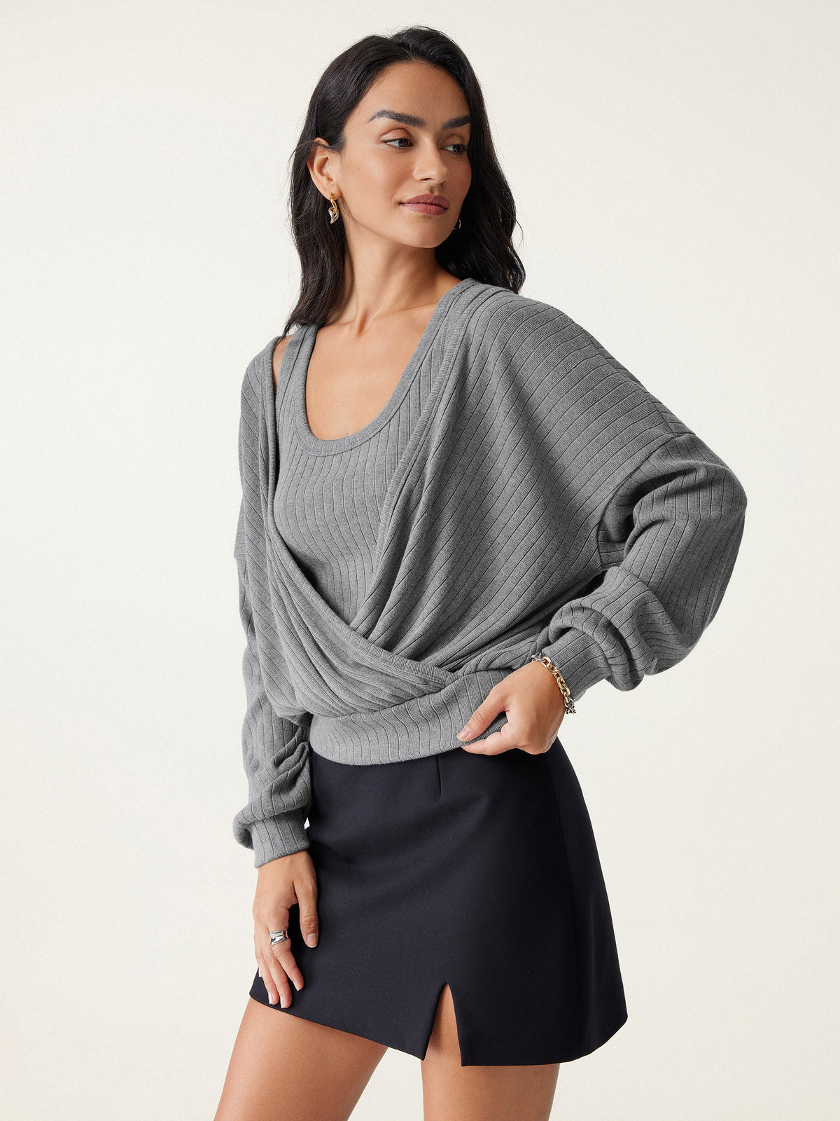 OGLmove Women's Wide Ribbed Crossover Long Sleeve Banded Hem Top