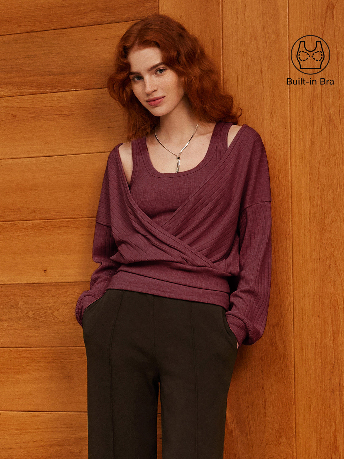 OGLmove Women's Wide Ribbed Crossover Long Sleeve Banded Hem Top