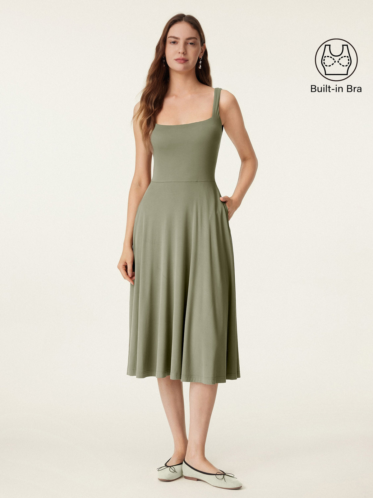 OGLmove Women's Square Neck Flowy Airy Bra Midi Dress