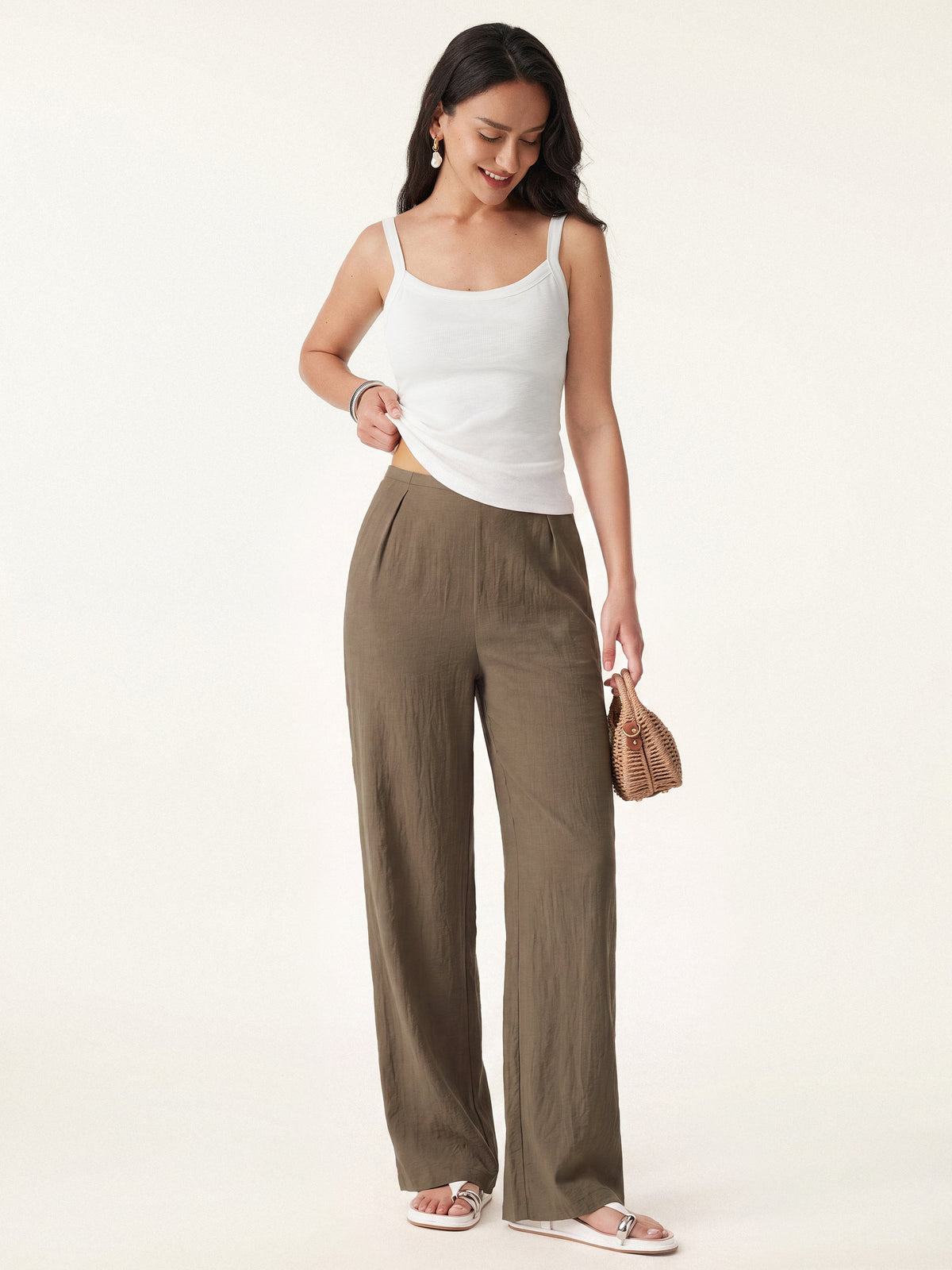 OGLmove Women's Cotton-Linen Mid-Rise Straight Leg Pants