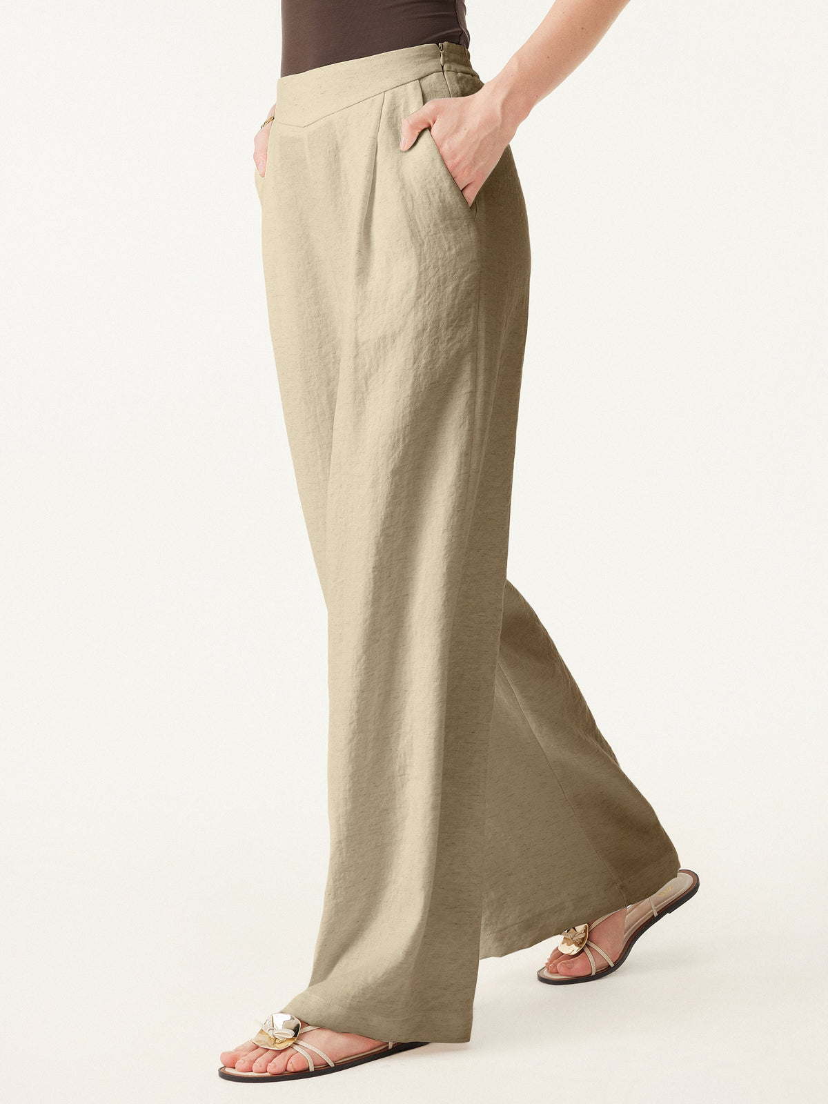 OGLmove Women's Breezy Linen-Like Mid-Rise Wide-Leg Pants with Pockets