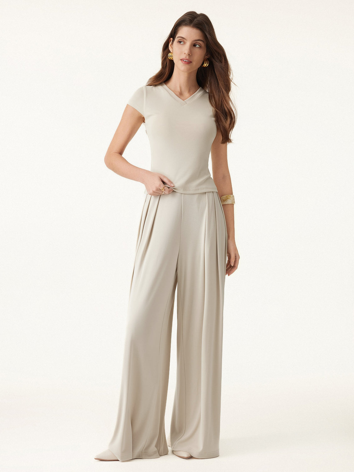 OGLmove Women's Sandwashed Mid-Rise Pleated Wide-Leg Palazzo Pants with Pockets