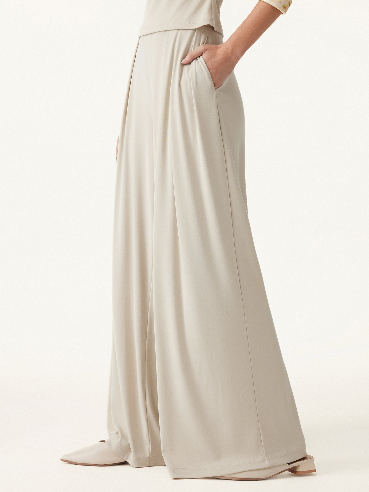 OGLmove Women's Sandwashed Mid-Rise Pleated Wide-Leg Palazzo Pants with Pockets