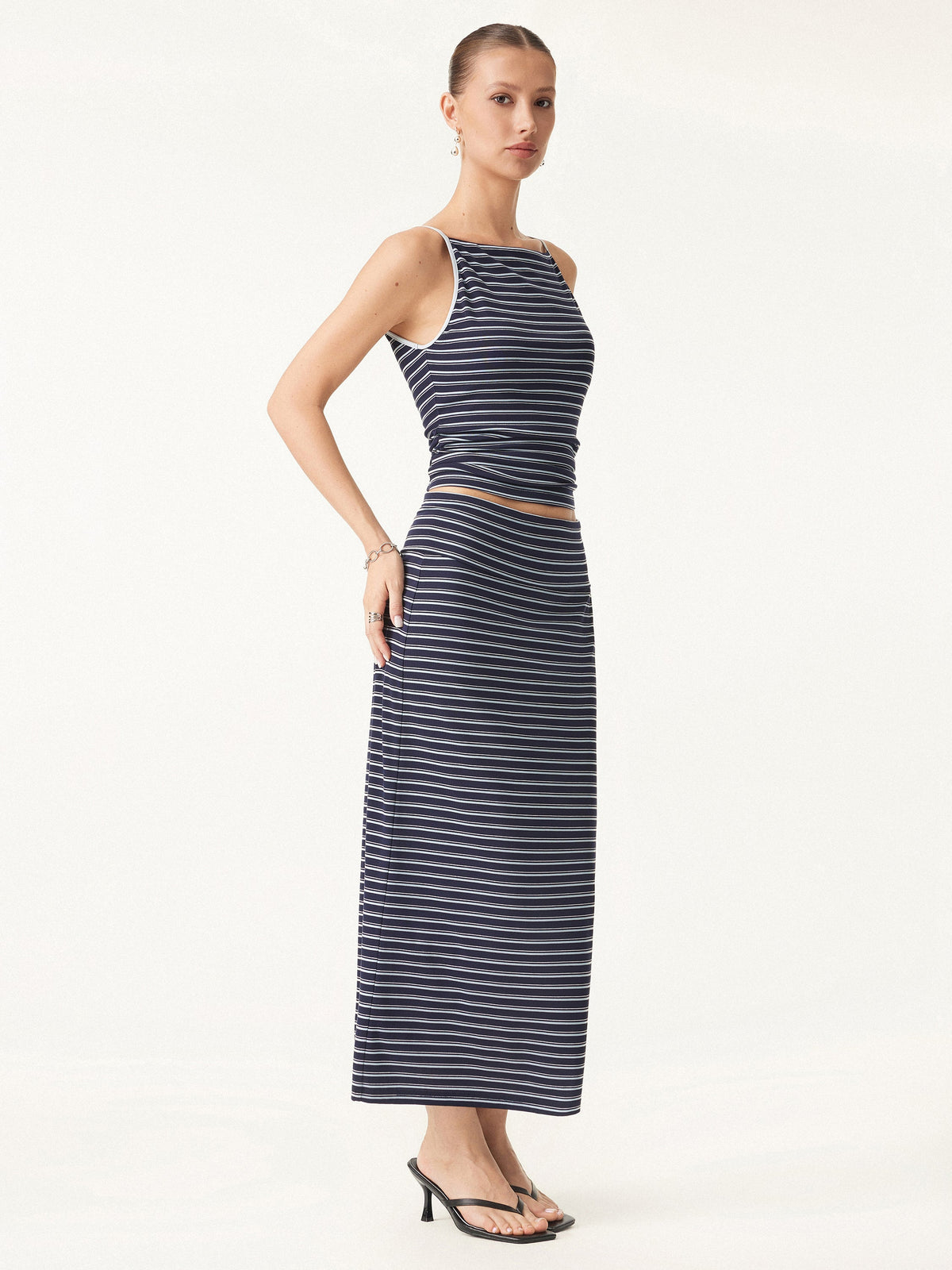OGLmove Women's Striped Bra Top and Low Rise Midi Skirt Set