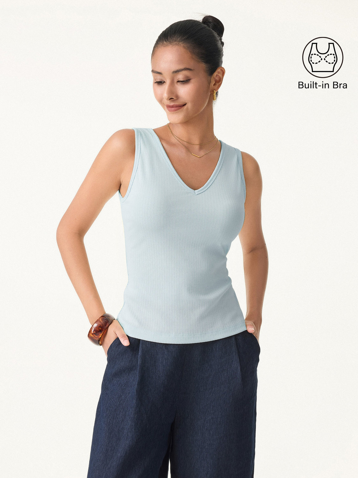 OGLmove Women's Stretch Cotton Pointelle V-Neck Bra Tank Top
