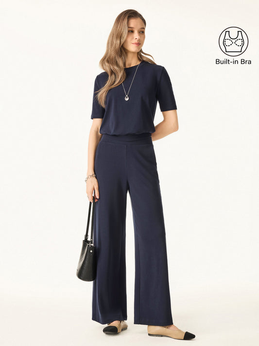 OGLmove Women's 2-Piece Petite Wide Leg Pants and Crewneck Bra Top Set