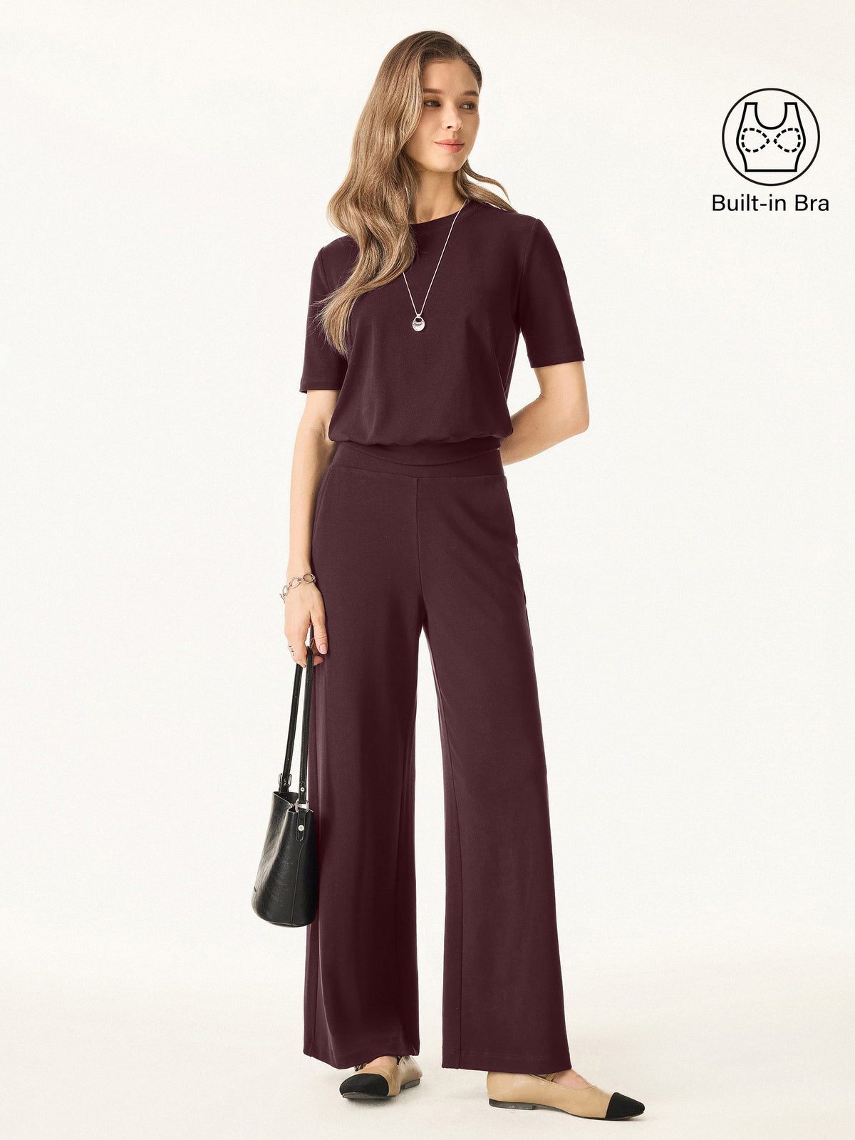 OGLmove Women's Petite Wide Leg Pants & Crewneck Bra Top 2-Piece Set