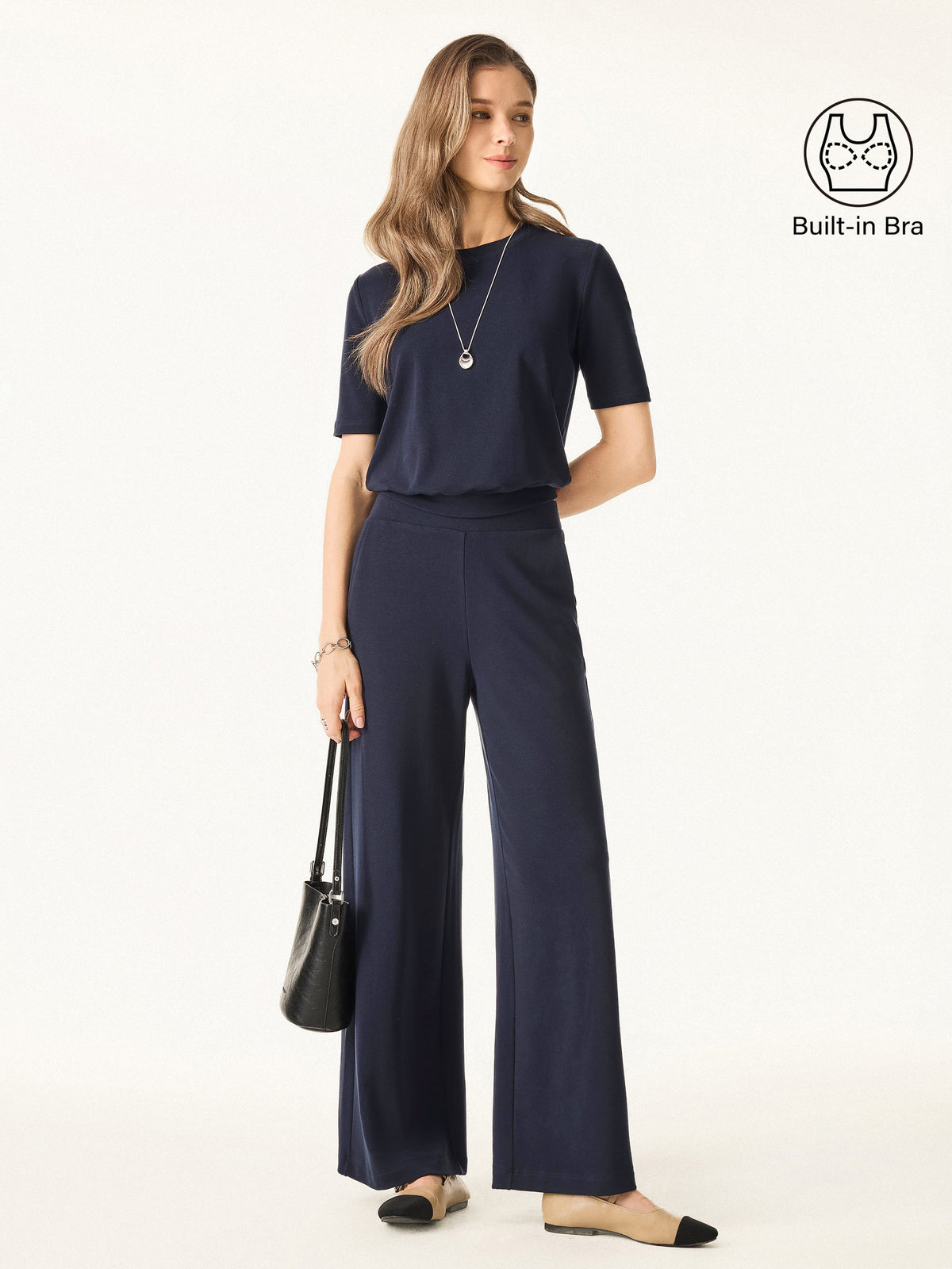 OGLmove Women's Petite Wide Leg Pants & Crewneck Bra Top 2-Piece Set