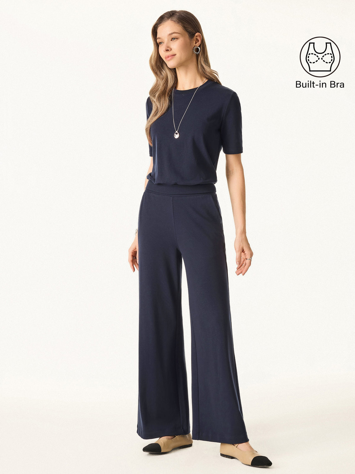 OGLmove Women's Petite Wide Leg Pants & Crewneck Bra Top 2-Piece Set