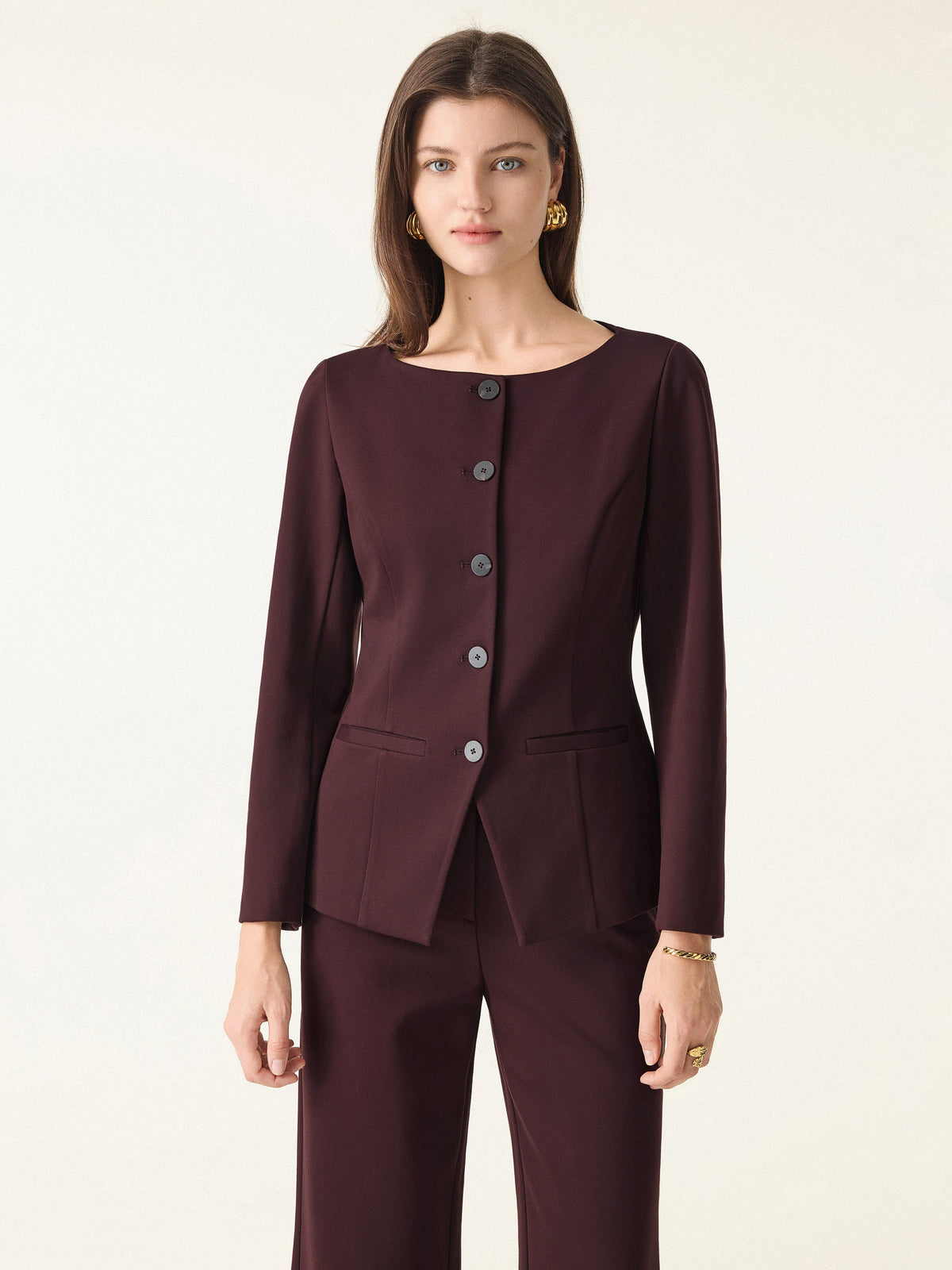 OGLmove Women's Ponte Round Neck Long Sleeve Jacket with Pockets