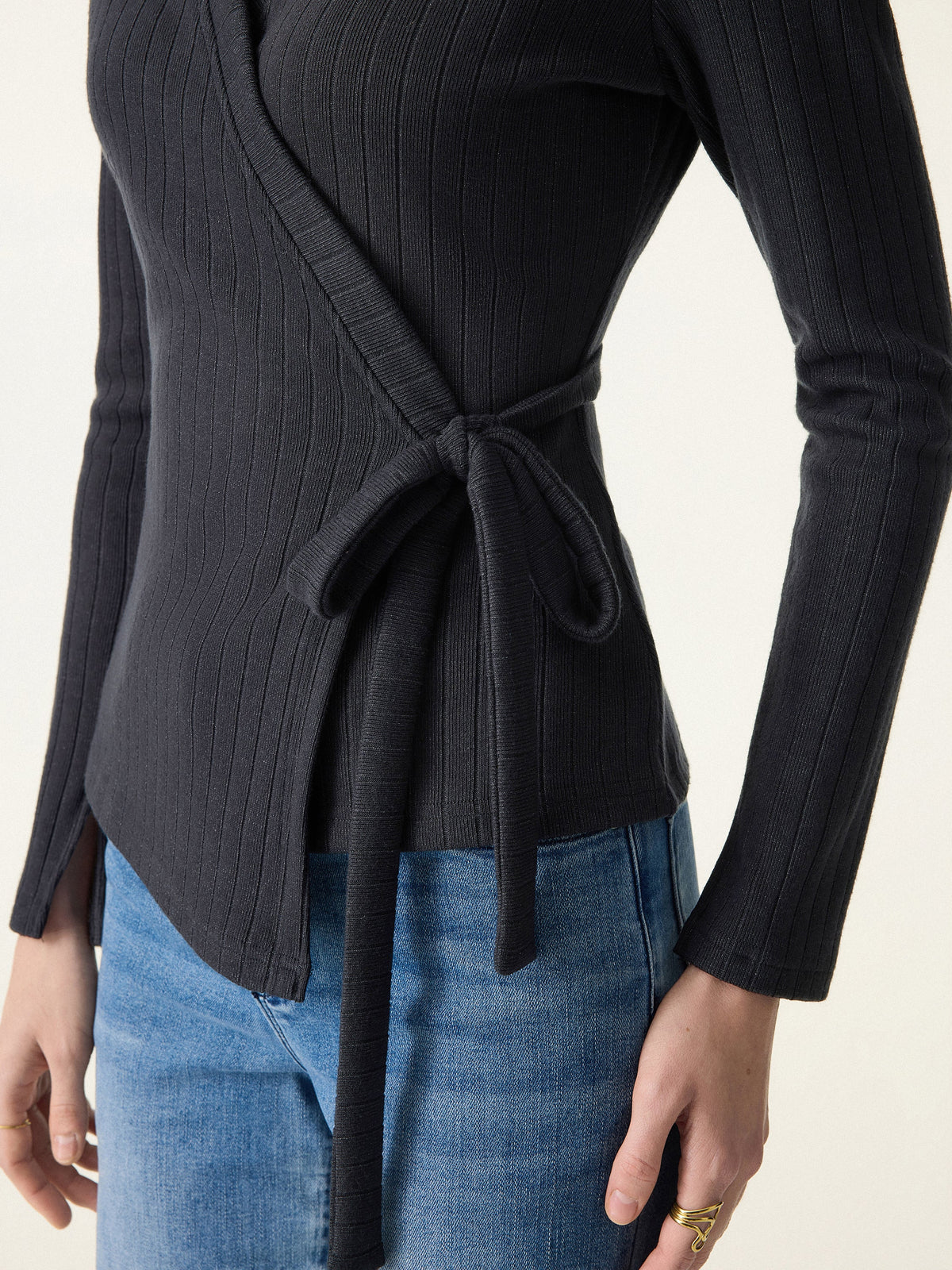 OGLmove Women's Wide Ribbed Crossover Long Sleeve Tie-Waist Top