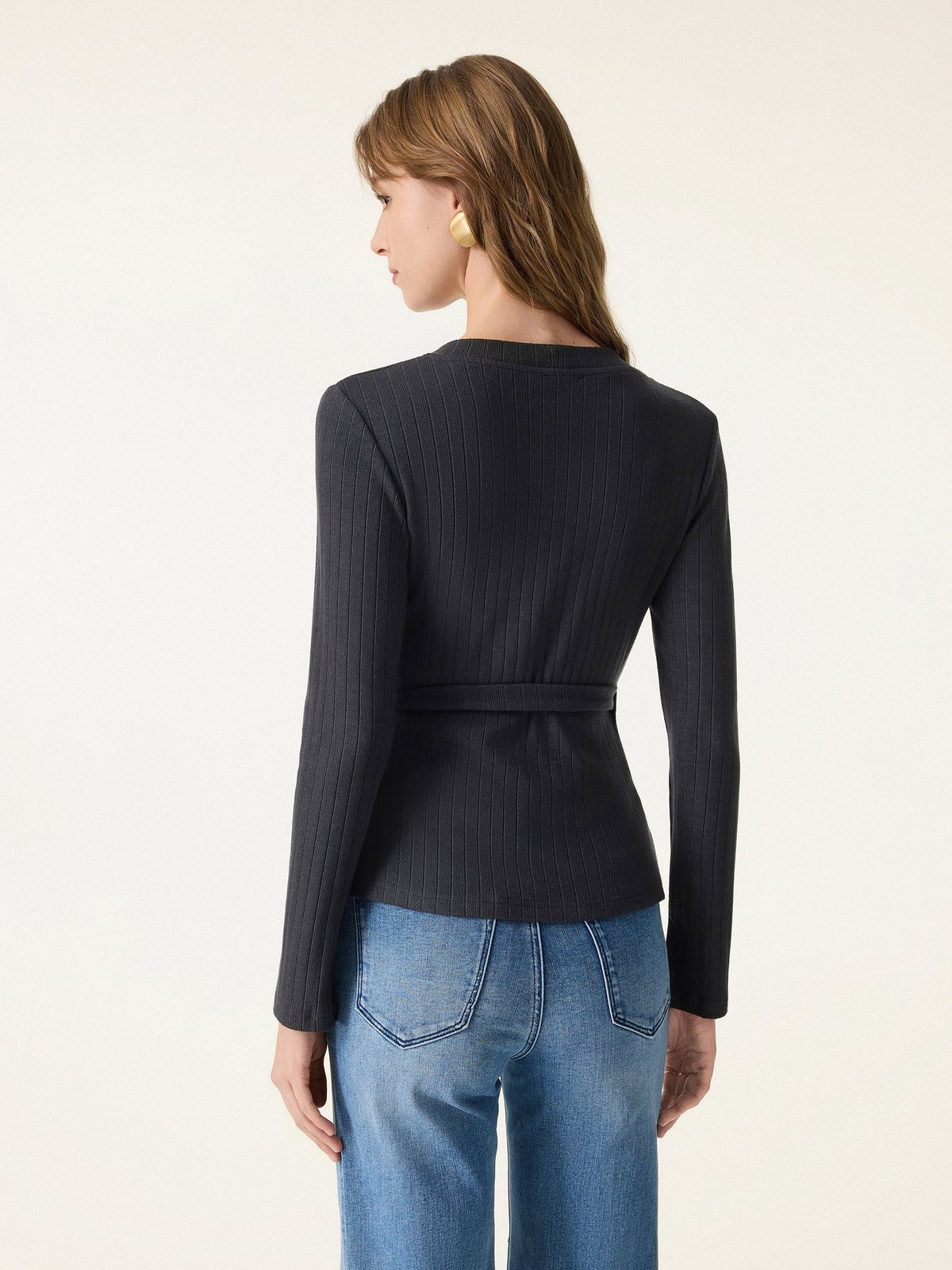 OGLmove Women's Wide Ribbed Crossover Long Sleeve Tie-Waist Top