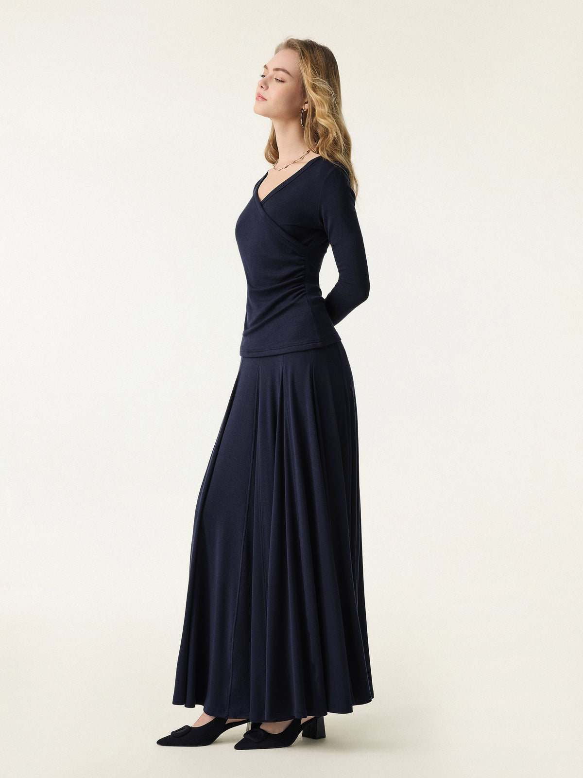 OGLmove Women's Surplice Ruched Long Sleeve & Maxi Skirt Set