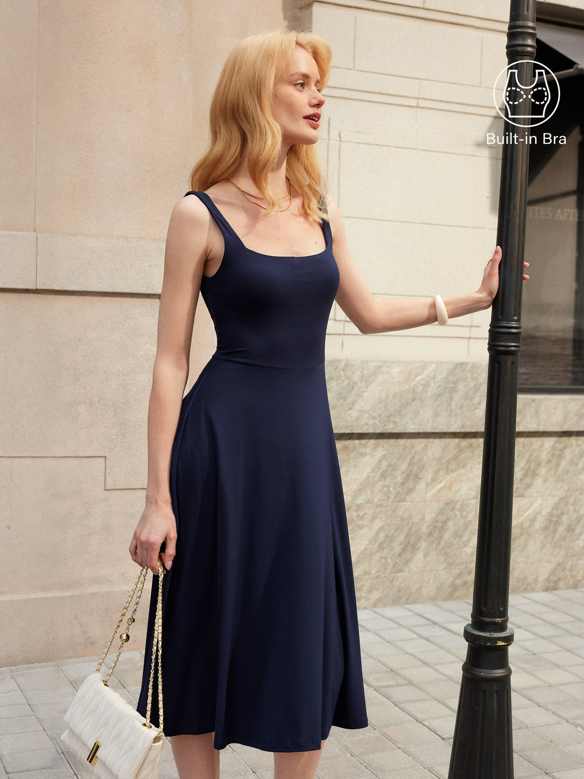 OGLmove Women's Square Neck Flowy New Airy Bra Midi Dress