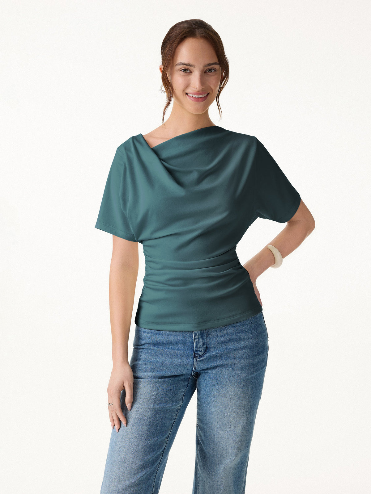 OGLmove Women's Light Cotton Rib Asymmetrical Cowl Neck Ruched Top