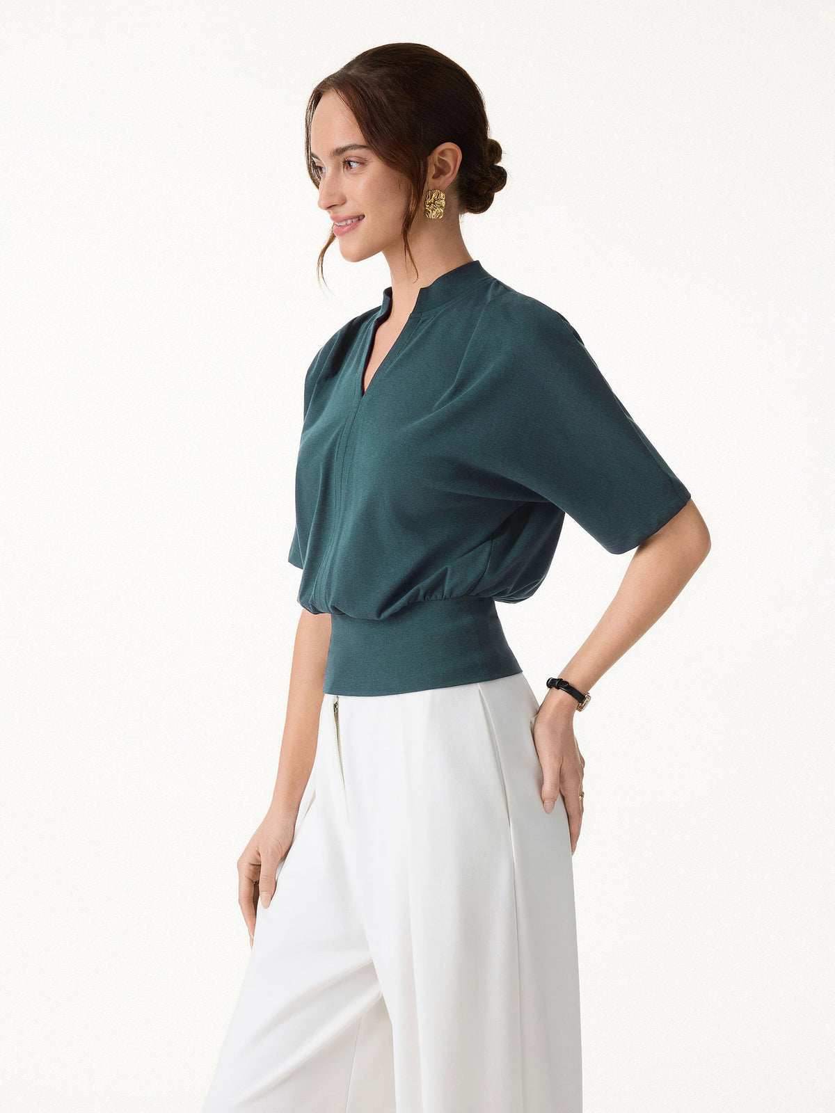 OGLmove Women's Light Cotton Rib Stand Collar V-Neck Top