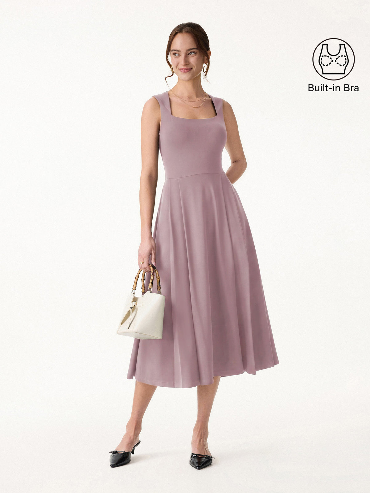 OGLmove Women's Anytime Square Neck Midi Bra Dress with Pockets