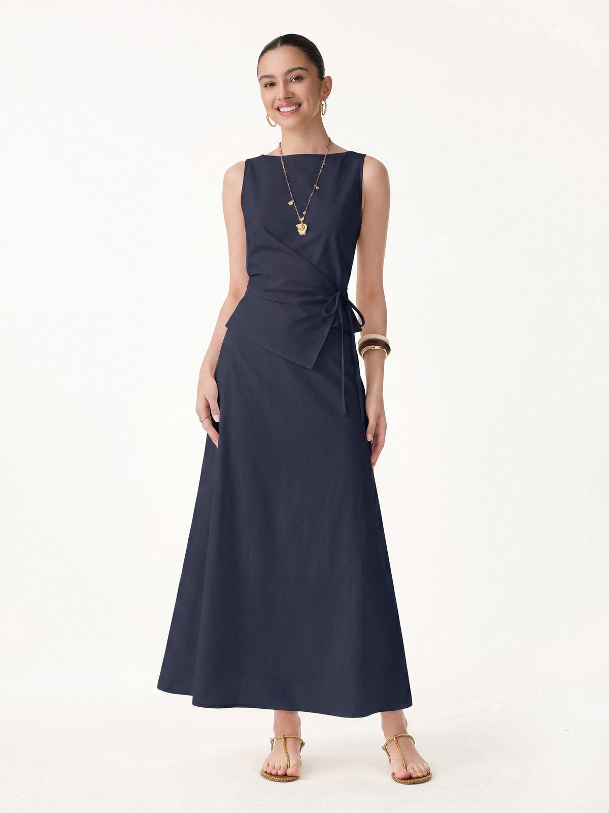 OGLmove Women's Boatneck Waist-Defined Top and Maxi Skirt Set