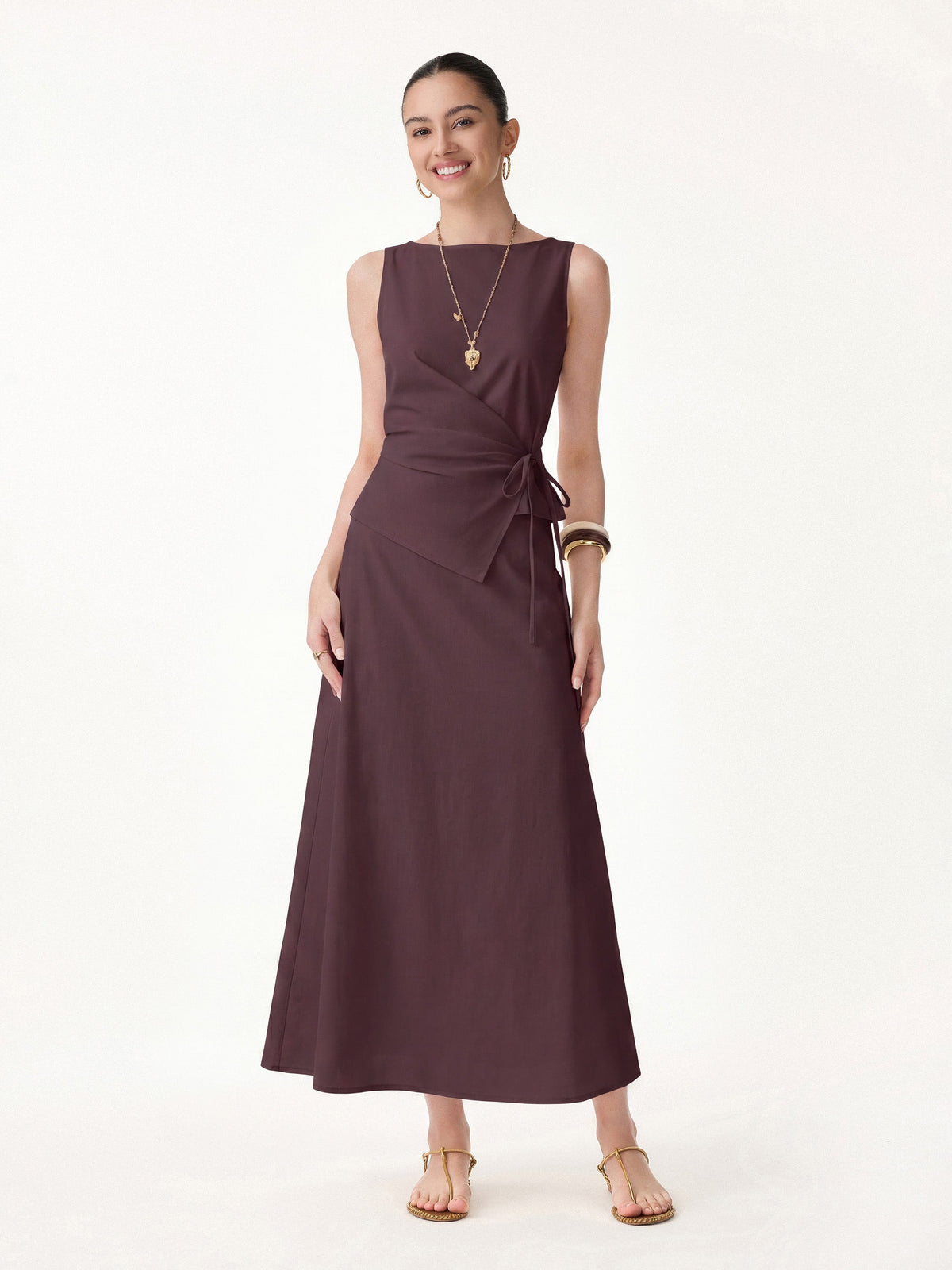 OGLmove Women's Boatneck Waist-Defined Top and Maxi Skirt Set