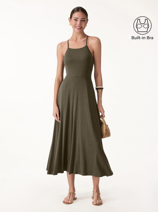 OGLmove Women's Soft Linen Knit Spaghetti Midi Bra Dress